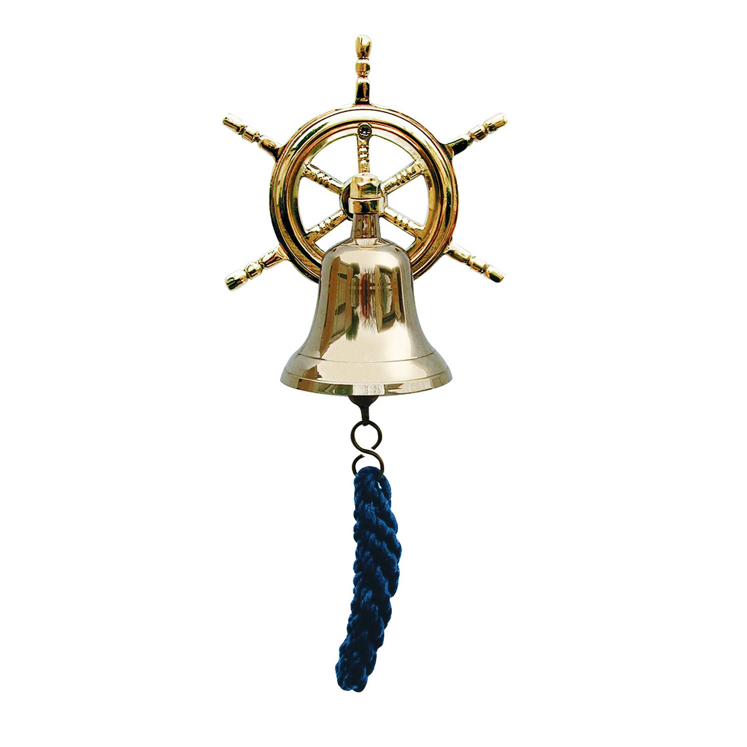 NKlaus Nautical Bell with Steering Wheel Wall Mount Brass 7.5cm - Maritime Wall Bell 16057, Gold, Gold