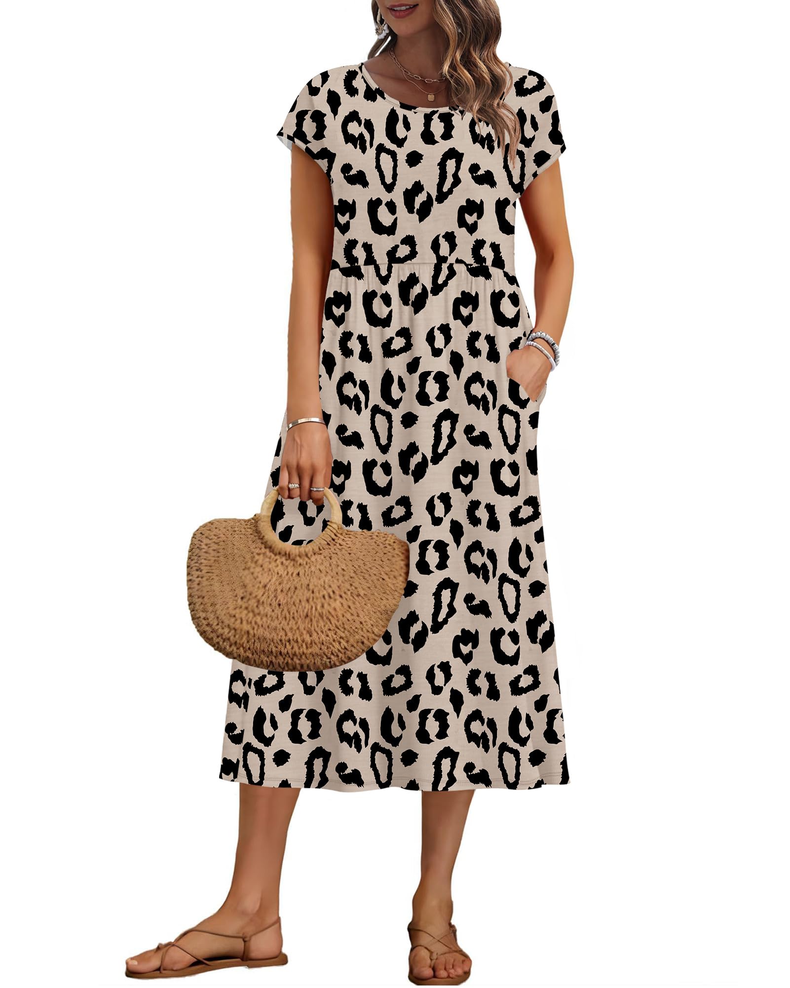 Auselily Women's Dot Leopard Summer Short Sleeve Knee Length Dresses Basic Shift Midi Dress With Pockets, S