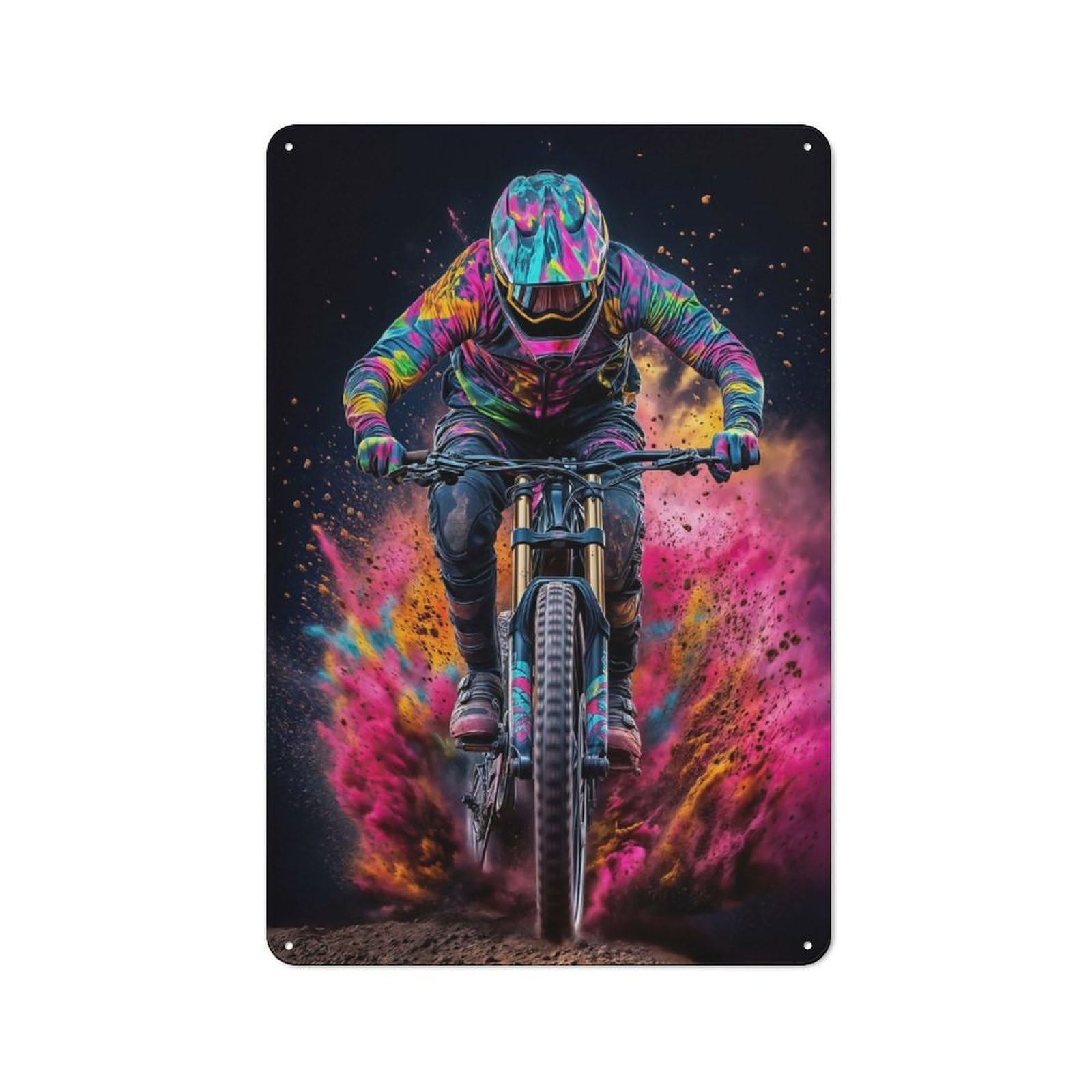 Rustic Vintage Metal Sign 30x20cm Featuring Mountain Biker in Color Blast, Home Bar Decor for Cafe, Pub, Workshop Or Home Bar