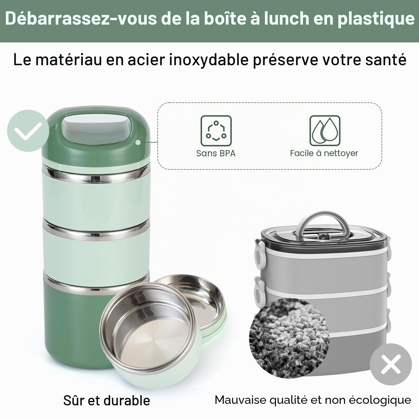 Lille Home Boîte à Lunch en Acier Inoxydable, 3 Niveaux, 1.43L | Boîte à bento isolée sans BPA pour préparation de repas. Récipient de nourriture empilable, idéal pour les déplacements