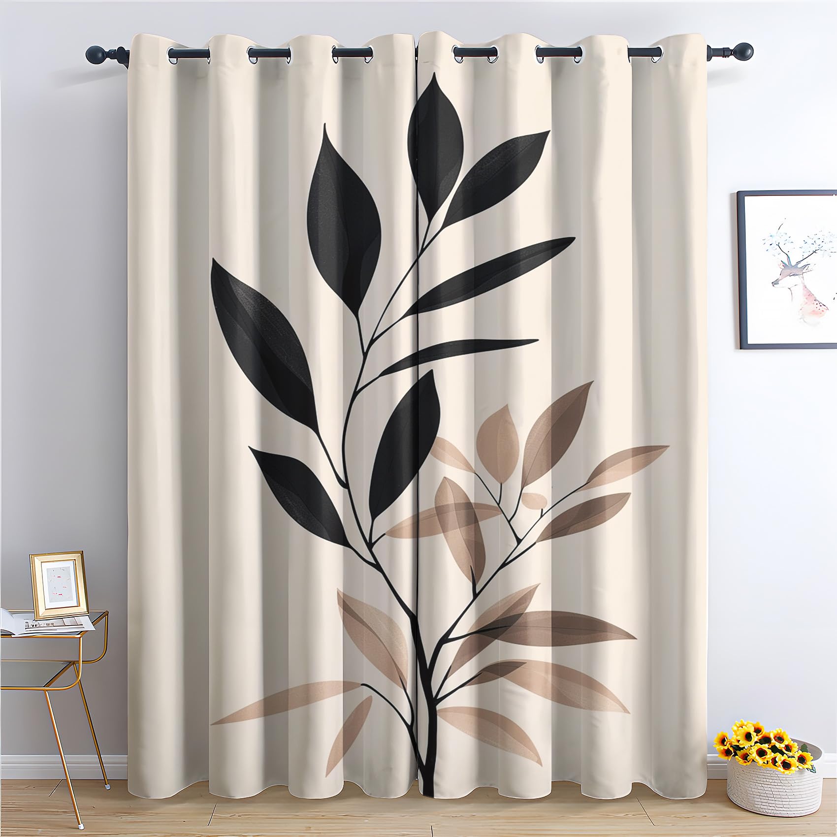 Generisch Vorhänge Blätter - Minimalistisch Beige Fenster Gardinen mit Ösen, Vorhang Blickdicht Verdunklungsvorhänge Thermovorhang für Wohnzimmer Schlafzimmer Deko 2er Set, H 220 x B 140 cm X-&316