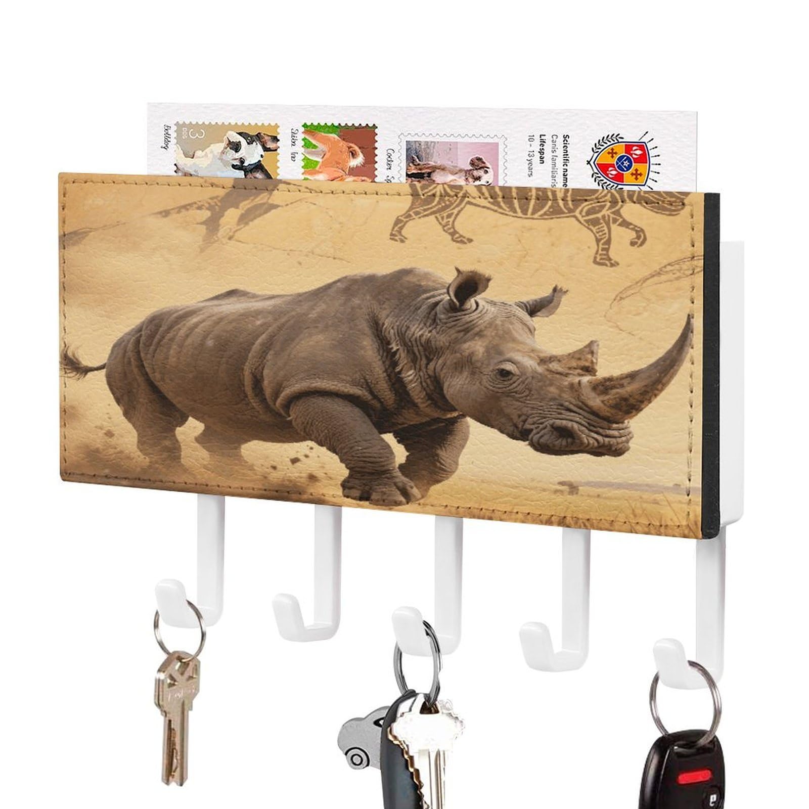 FekiLoot Rhino Key Holder for Wall Decorative Mail Organizer with 5 Key Hook Self Adhesive Key Rack with Tray Coat Rack Wall Mount Key Hanger Decor for Entryway Door