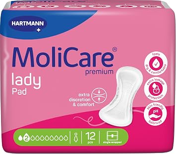 MoliCare Lady Pad 2 Drops Discreet Incontinence Pads for Women with Light Bladder Weakness, Odor Neutralizer, Extra Leak Protection, Advanced Protection