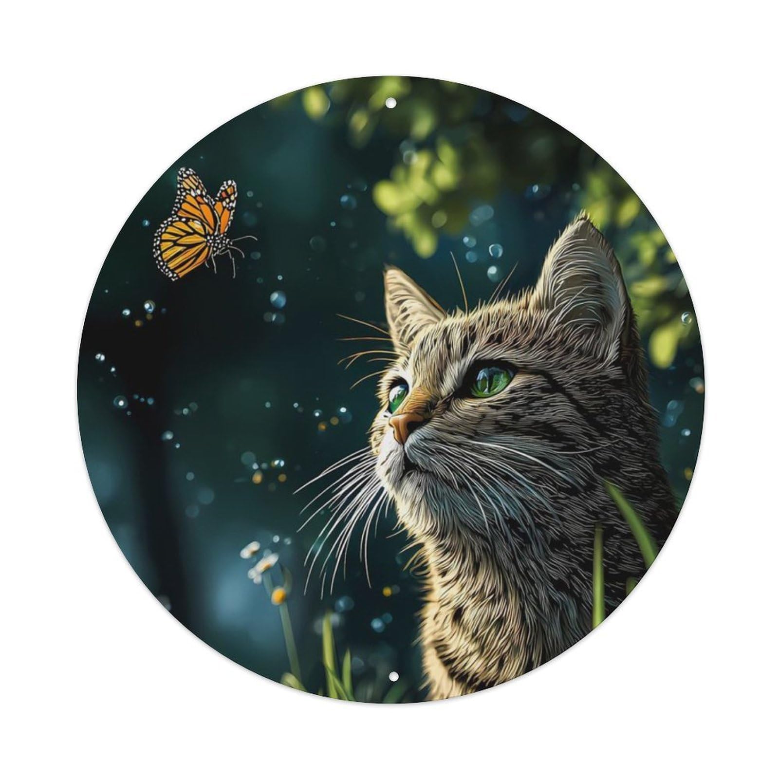 Animal Tabby Cat Monarch Butterfly Daisy Nature Wildlife Vintage Metal Tin Sign Plaque Wall Decor for Cafe, Club Bar, Office, Garden Metal Poster 8x8Inch