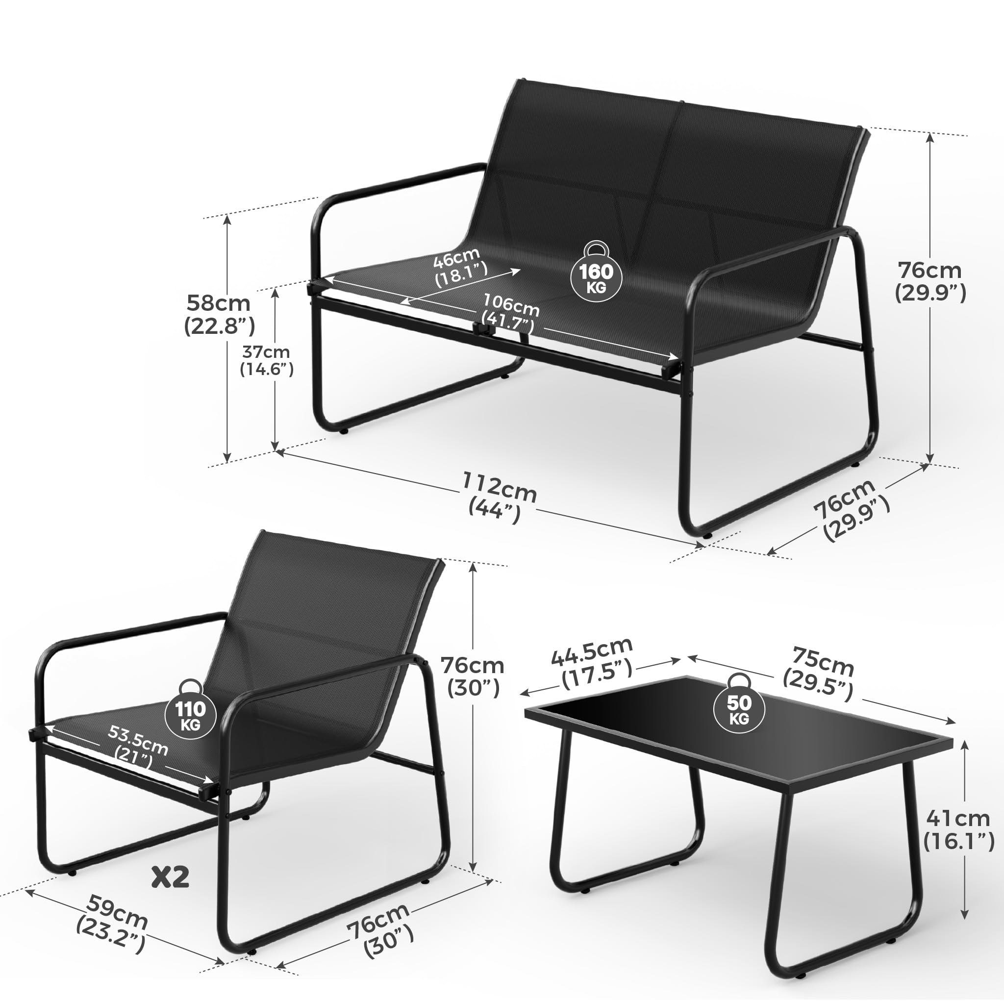 Mondeer Salon de Jardin Exterieur 4 Personnes, pour Terrasse Balcon (Noir) | Mobilier de Jardin avec 2 Places 2 fauteuils 1 Table Basse, Métal et Textilène