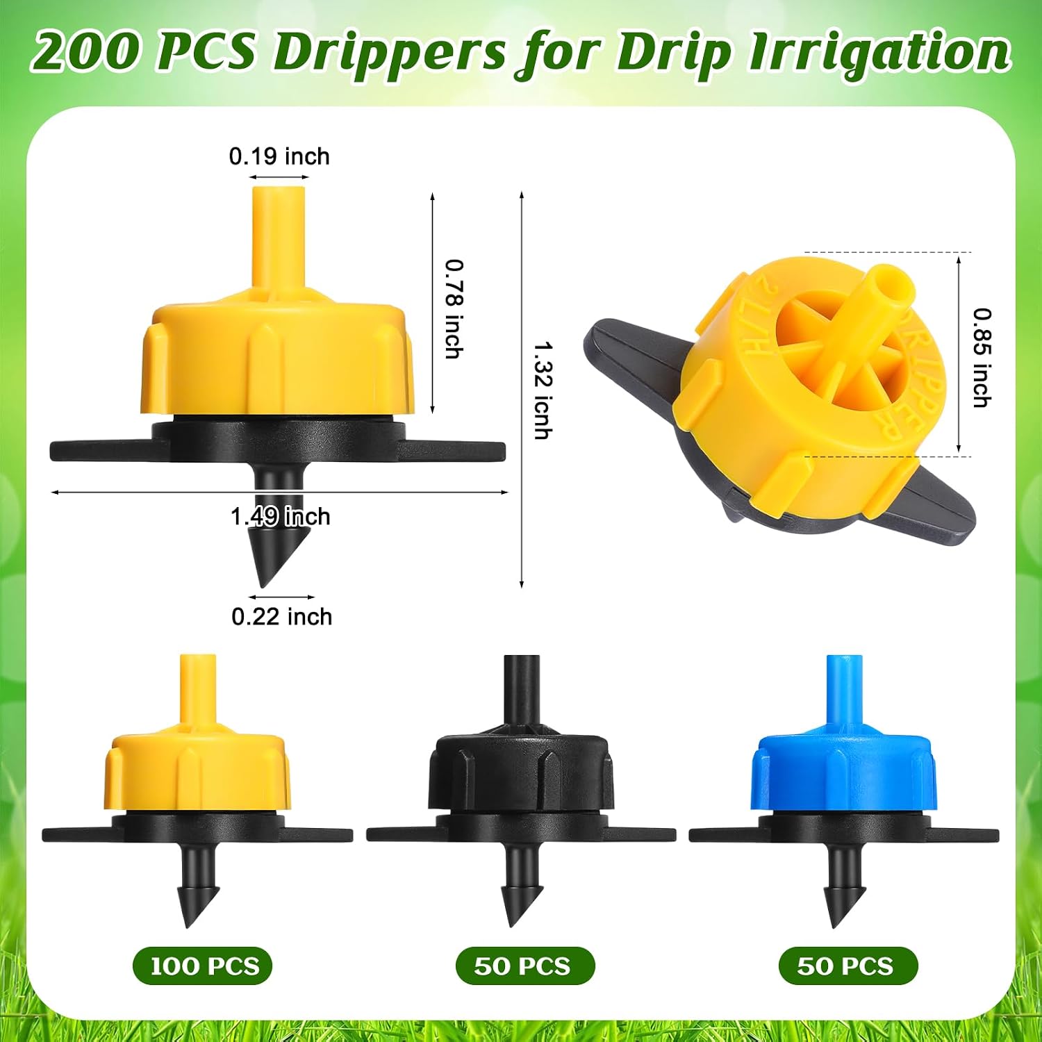 Mimorou 200 Pcs Drip Irrigation Emitters Kit, Pressure Compensating Drippers with 3 Size(0.5/1/2 GPH) & 3 Color for Garden Flower Bed Greenhouse Watering Drip Irrigation System (4.7mm Barb)
