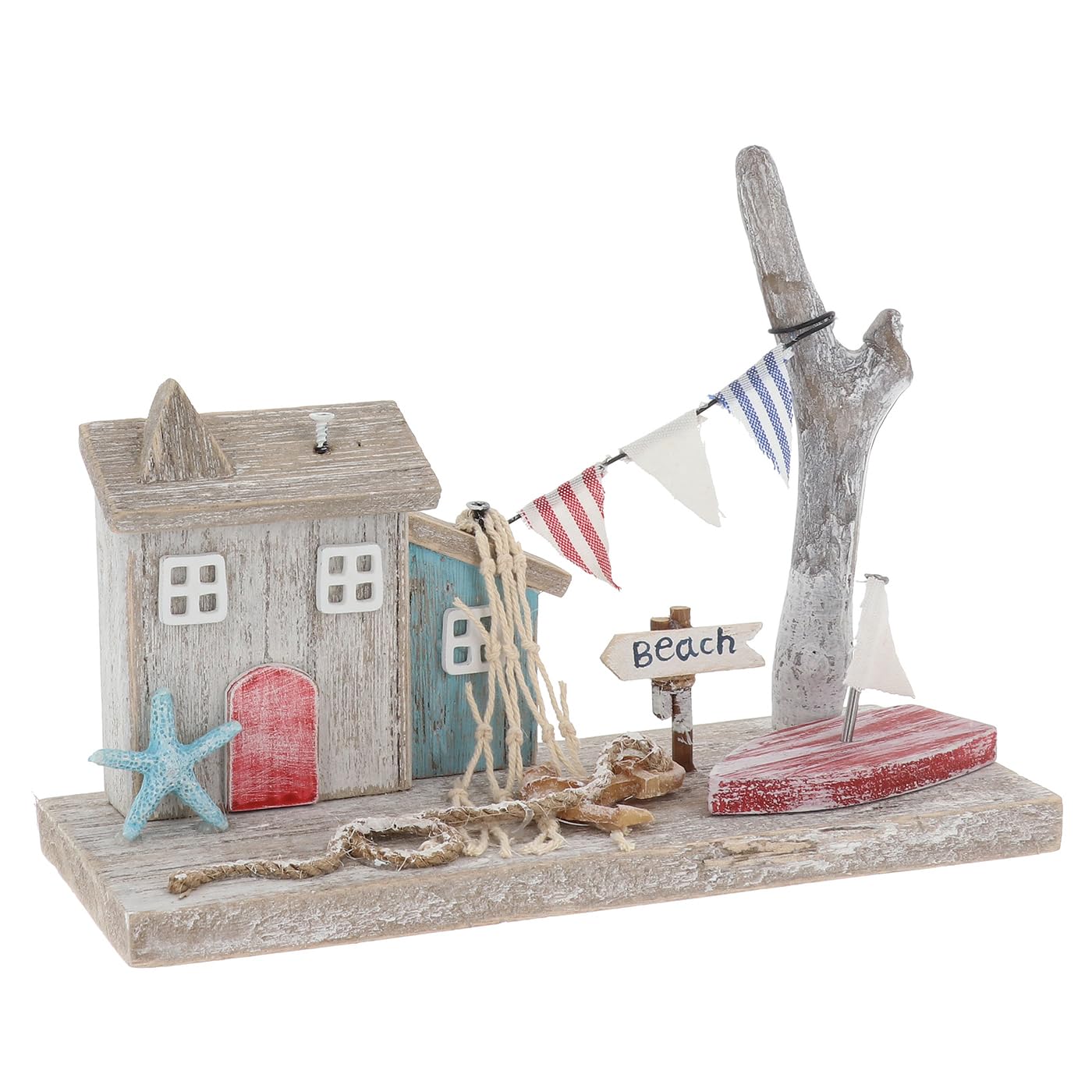 Shudehill Giftware Sandy Bay Standing Beach House Ornament - Coastal Themed Design with Lighthouse, Anchor, Log House and More (Beige, Resin, Tabletop)
