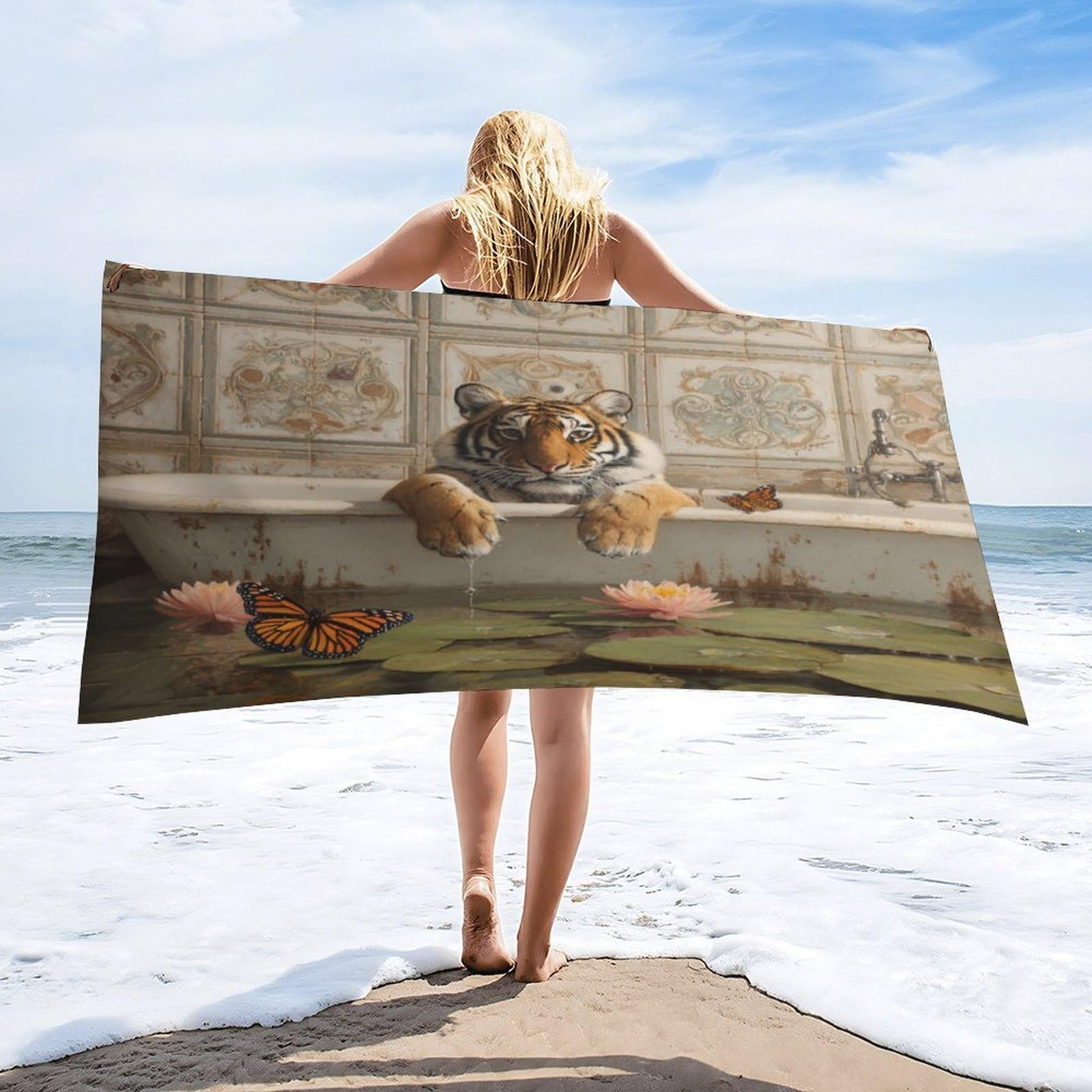 Luyysky Colorful Rustic Elegant Tiger Quick-Drying Beach Towel, Beautiful Realistic Bathroom Art Animal Butterflies Lotus Floral Travel Vacation Single Sided Pile Bathroom Towels-80 W Cm X 160" L Cm