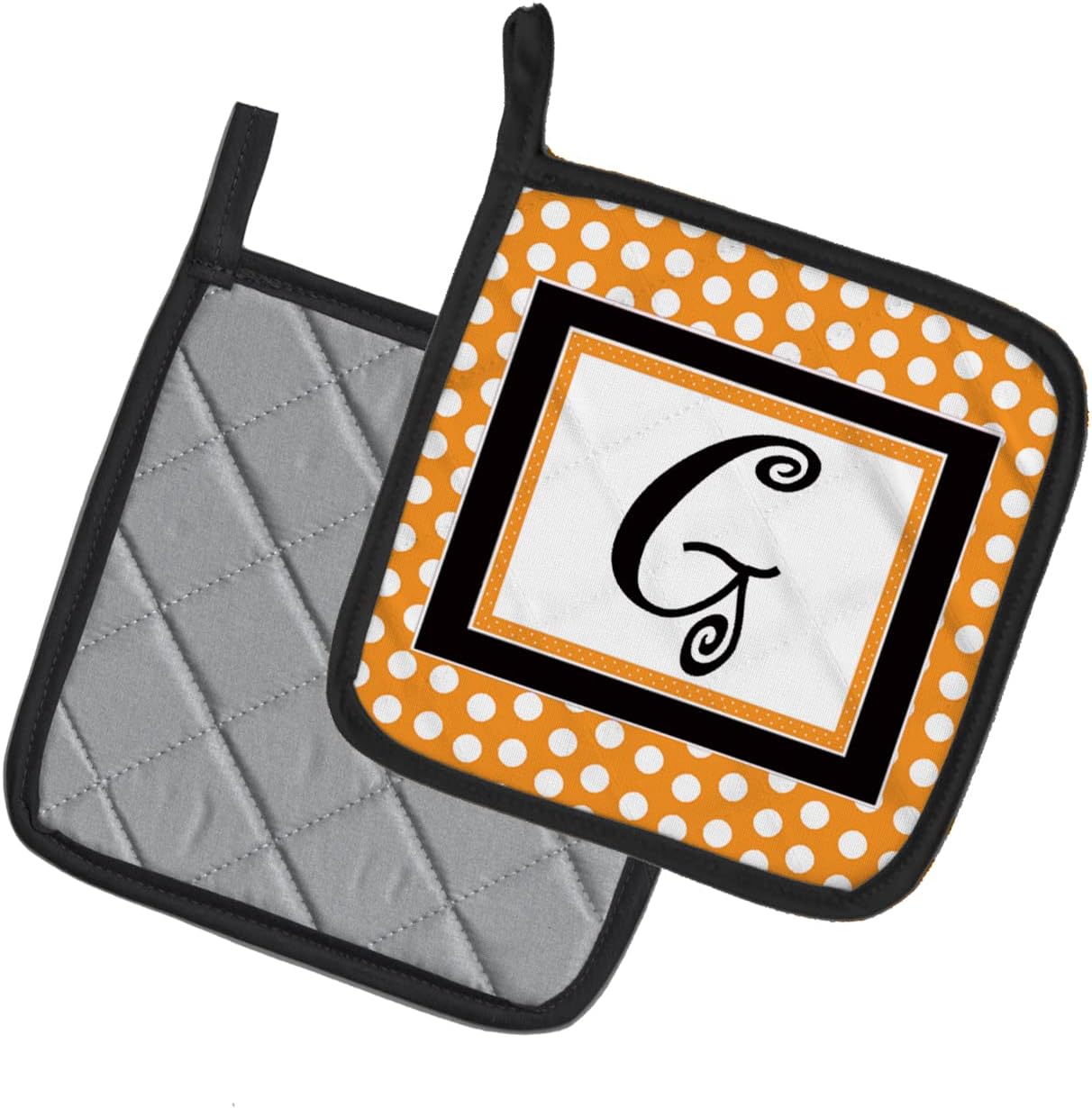 Caroline's Treasures CJ1033-GPTHD Letter G Initial Monogram - Orange Polkadots Pair of Pot Holders Kitchen Heat Resistant Pot Holders Sets Oven Hot Pads for Cooking Baking BBQ, 7 1/2 x 7 1/2