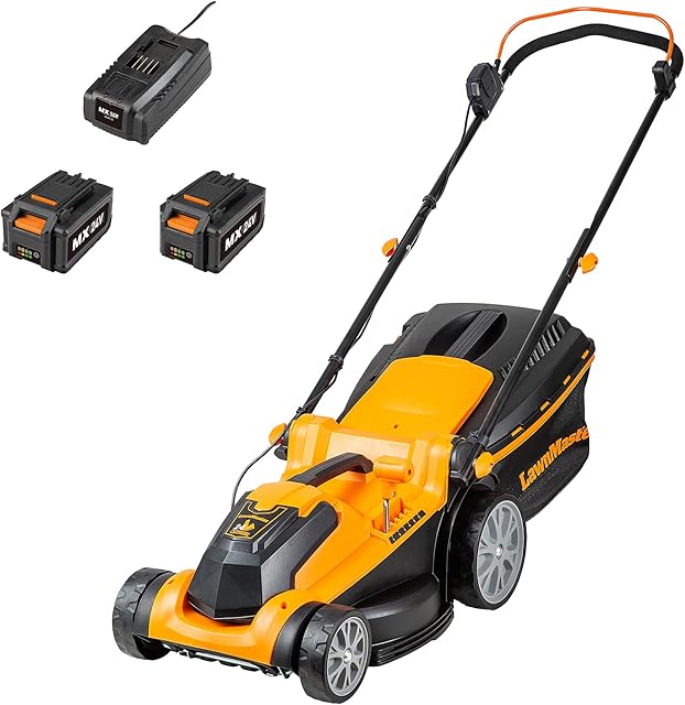 LawnMaster 24V 37cm Cordless Lawnmower with Spare Battery, 24V 4.0Ah Lithium Ion Battery and Fast Charger - Rear Roller (37cm Mower)