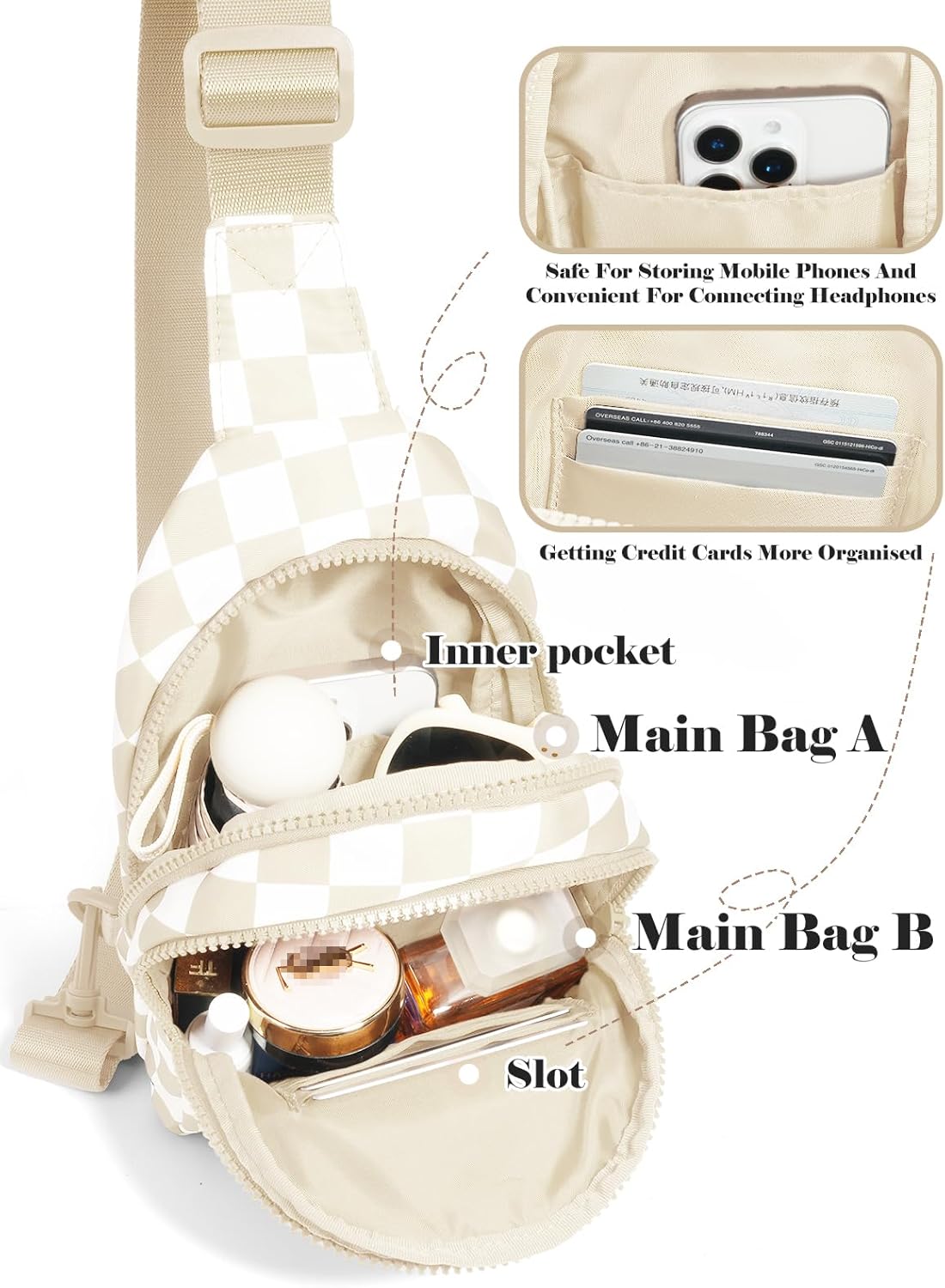 Checkered Sling Bag for Women Small Backpack Crossbody Chest Bag Fanny Packs Purses - Image 4