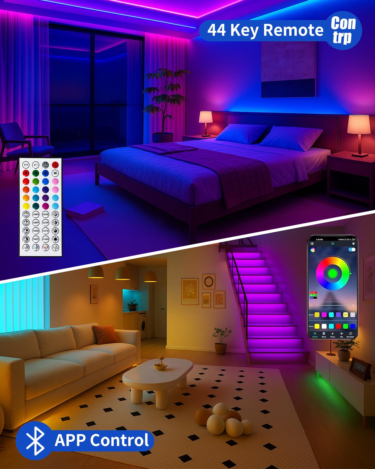 Tira de luces LED inteligentes de 200 pies (2 rollos de 100 pies) para recámara, control de aplicación, iluminación, recámara, decoración de roma, con control remoto, sincronización de música RGB que