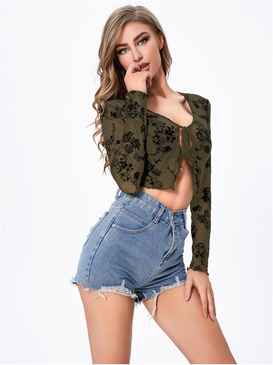 SOLY HUX Women's Long Sleeve Floral Lace Cropped Cardigan Mesh Sheer Tie Front Y2K Crop Tops 2023 Fashion - Image 3