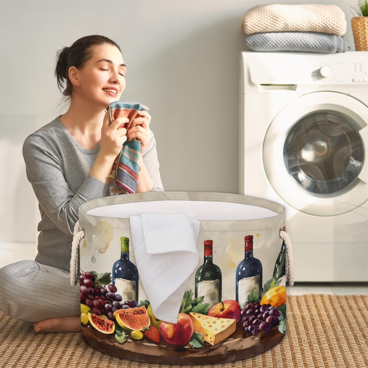 Large Round Laundry Basket Fruit Wine Watercolor Toy Bins Organizers and Storage for Girls Canvas Collapsible Blanket Storage Basket Laundry Hamper Gift Baskets Bedroom Clothes Children Nursery