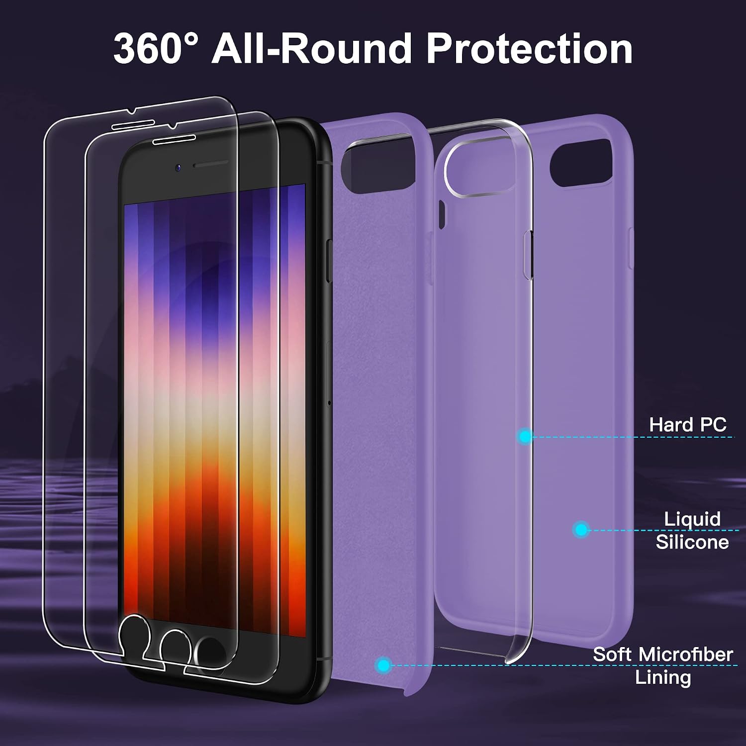 xiwxi iPhone SE Case 2022/3rd/2020,iPhone 8/7 Case,with [2xTempered Glass Screen Protector] [360 Full Body Shockproof] [Heavy Dropproof],Liquid Silicone+Glass Screen Phone Case-Purple