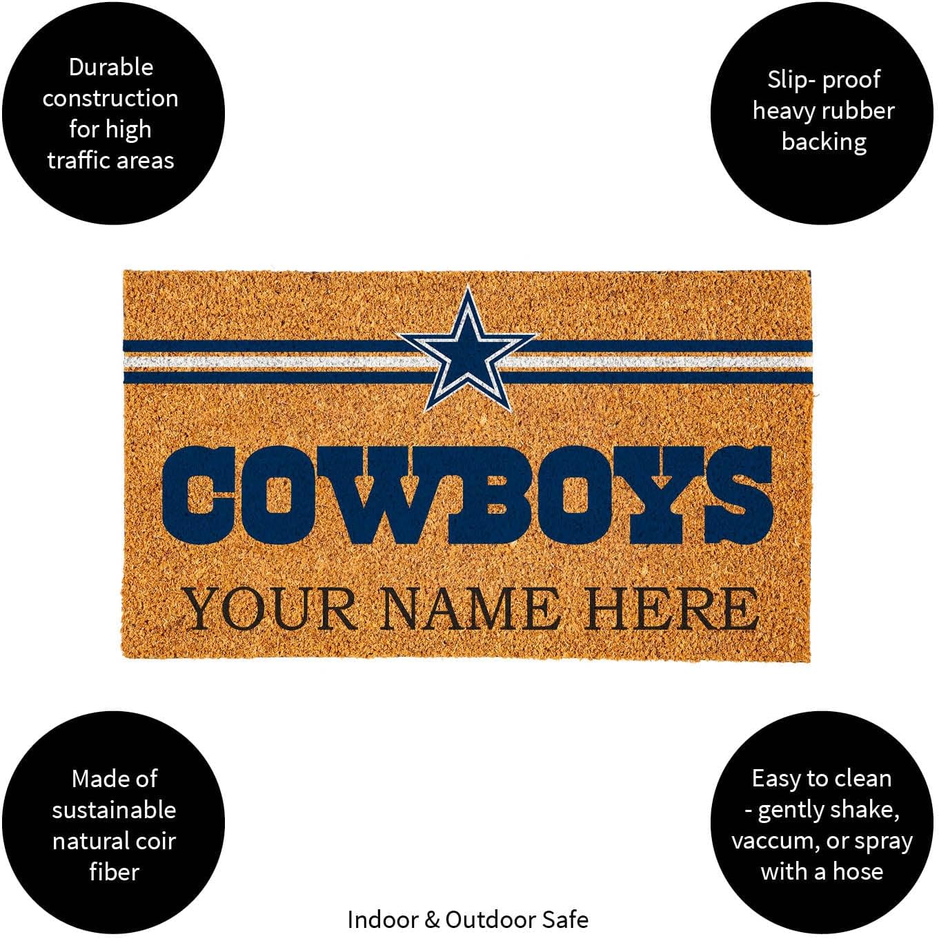 Team Sports America NFL Dallas Cowboys Personalized Coir Door Mat, 18 x 30 Inches Custom Name Doormat with Non Slip Back, Front Door Welcome Mats