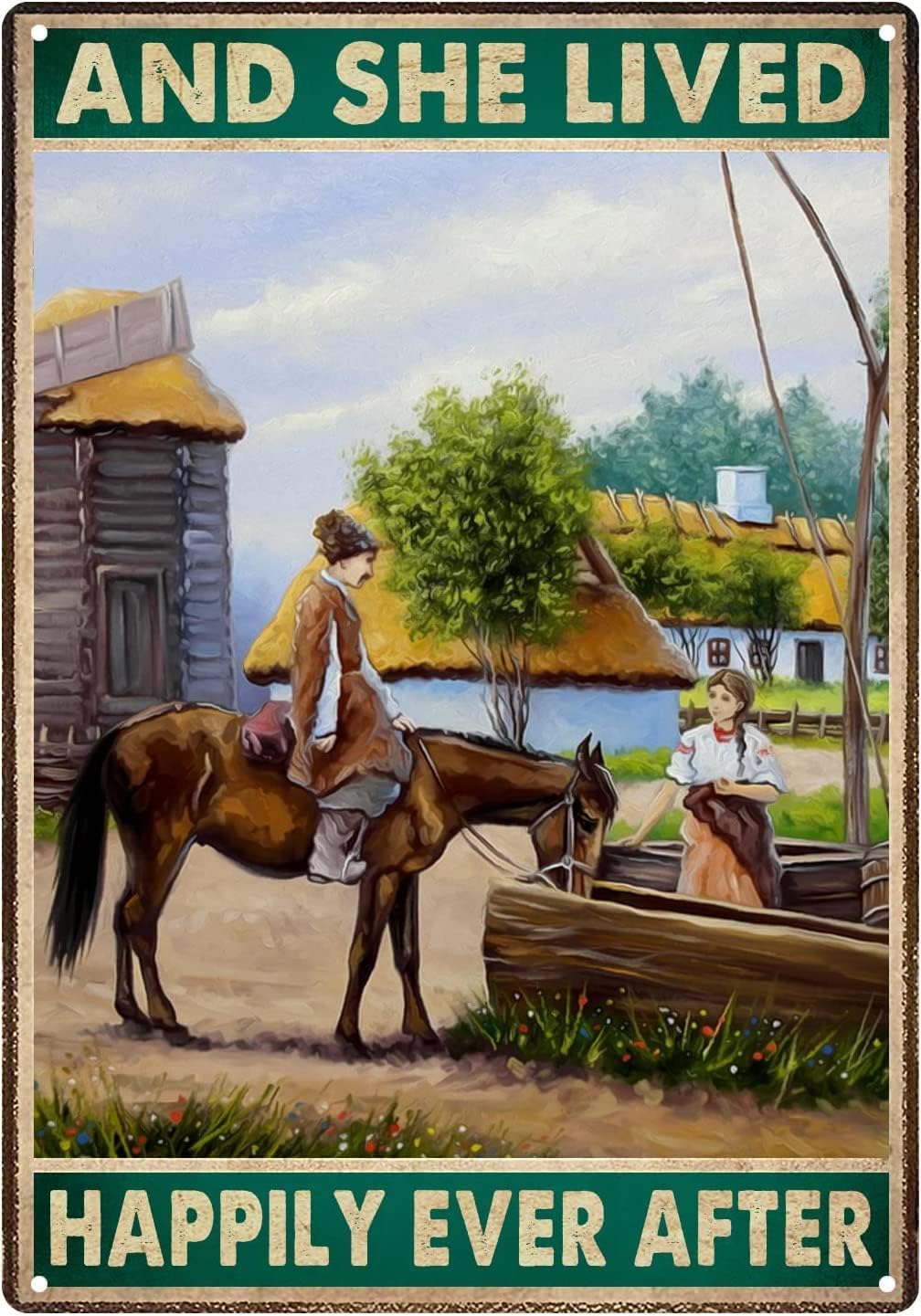 peiyeety Vintage Horse Man Woman Farm and She Lived Happily Ever After Gym Poster Metal Aluminium Tin Sign Wall Decor 8"x12"