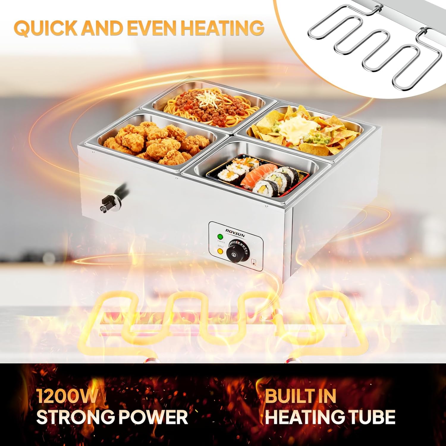 Bonnlo 42.3 QT 4 Pan Commercial Electric Food Warmer, Counter Top Electric Bain-Marie with Warming Plate, Steam Table Food Warmer for Catering, Parties Buffet and Restaurant, Stainless Steel, 1200W