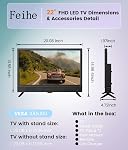Feihe 22 1 cm TV, FHD LED Écran plat TV 1920 x 1080p IPS Affichage avec/Digital Dual Tuner ATSC/HDMI/VGA/AV/USB, 12 Volt RV TV Construit en double haut-parleurs adapté à la cuisine/RV/Caravane et bateau