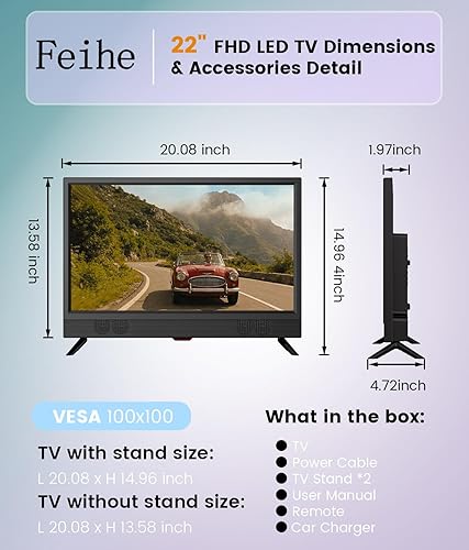 Miniatura 7 de Feihe TV de 22 pulgadas, 1080p LED de pantalla ancha HDTV con sintonizadores ATSC digitales, TV de pantalla plana con HDMI/VGA/RCA/USB para cocina