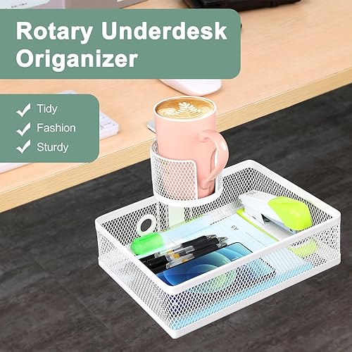 Miniatura 8 de ROSYLINE Cajón de rotación de 360 para debajo del escritorio, organizador de almacenamiento de escritorio giratorio con soporte para tazas,