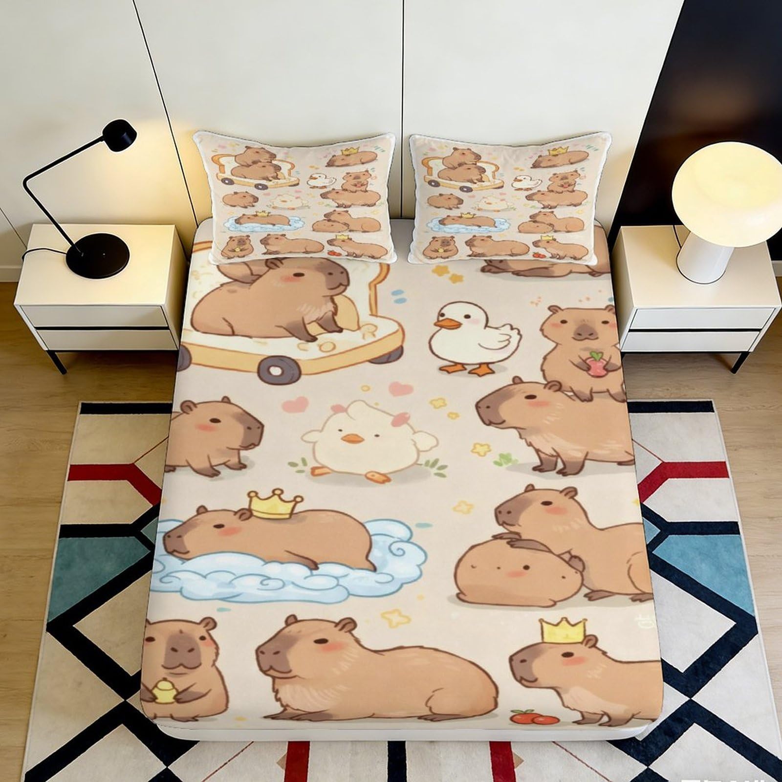3D Printed Cute Capybara Animal Fitted Sheet Microfiber Cartoon Duck Mattress Cover Bedroom Dorm Decor 90x200x25cm