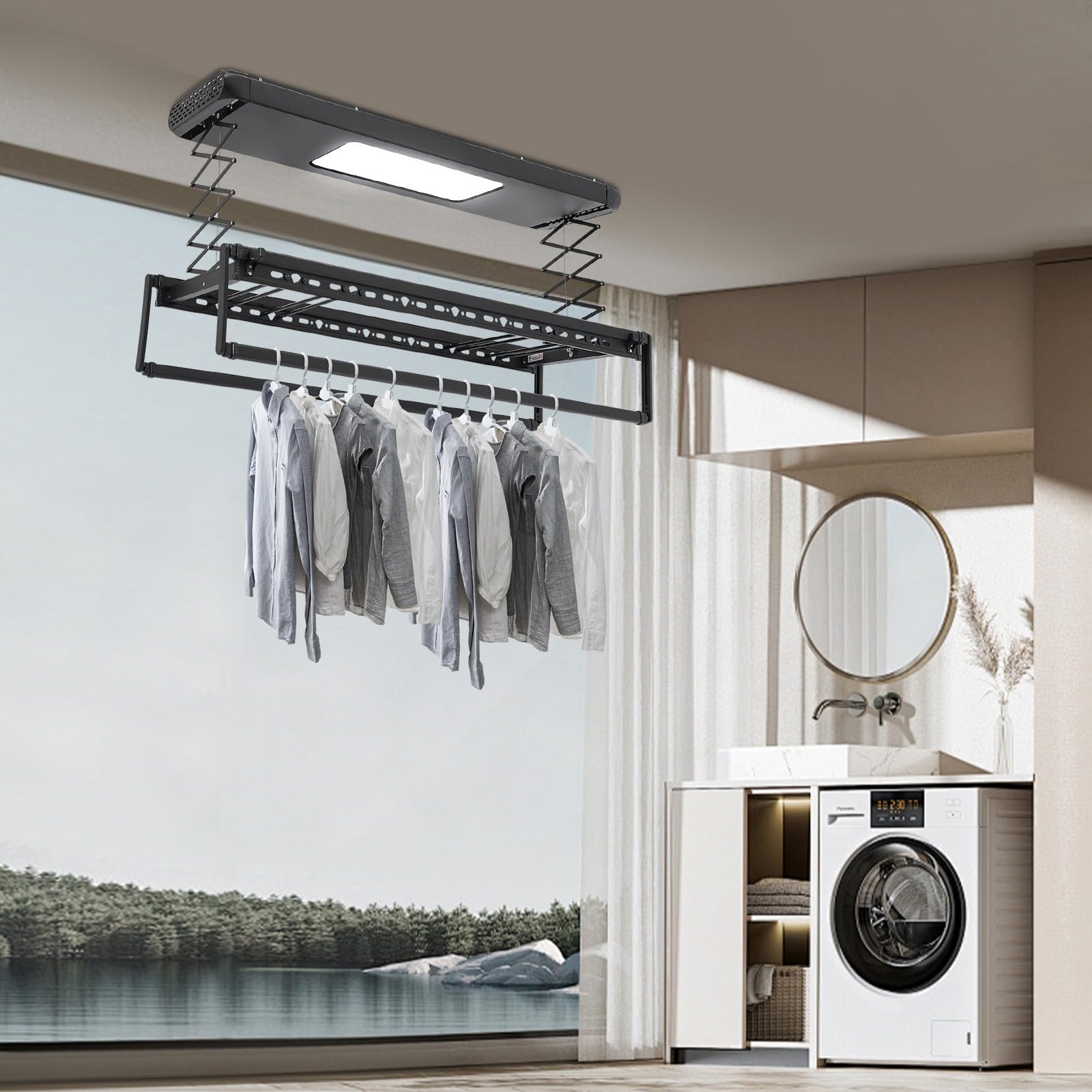 Elektrischer Wäscheständer Deckenlift Wäschetrockner, 130-215 cm ausziehbare Kleiderstange, Deckenmontage Trockner mit Fernbedienung, LED Lüftungsgitter, Smarte Wäscheleine