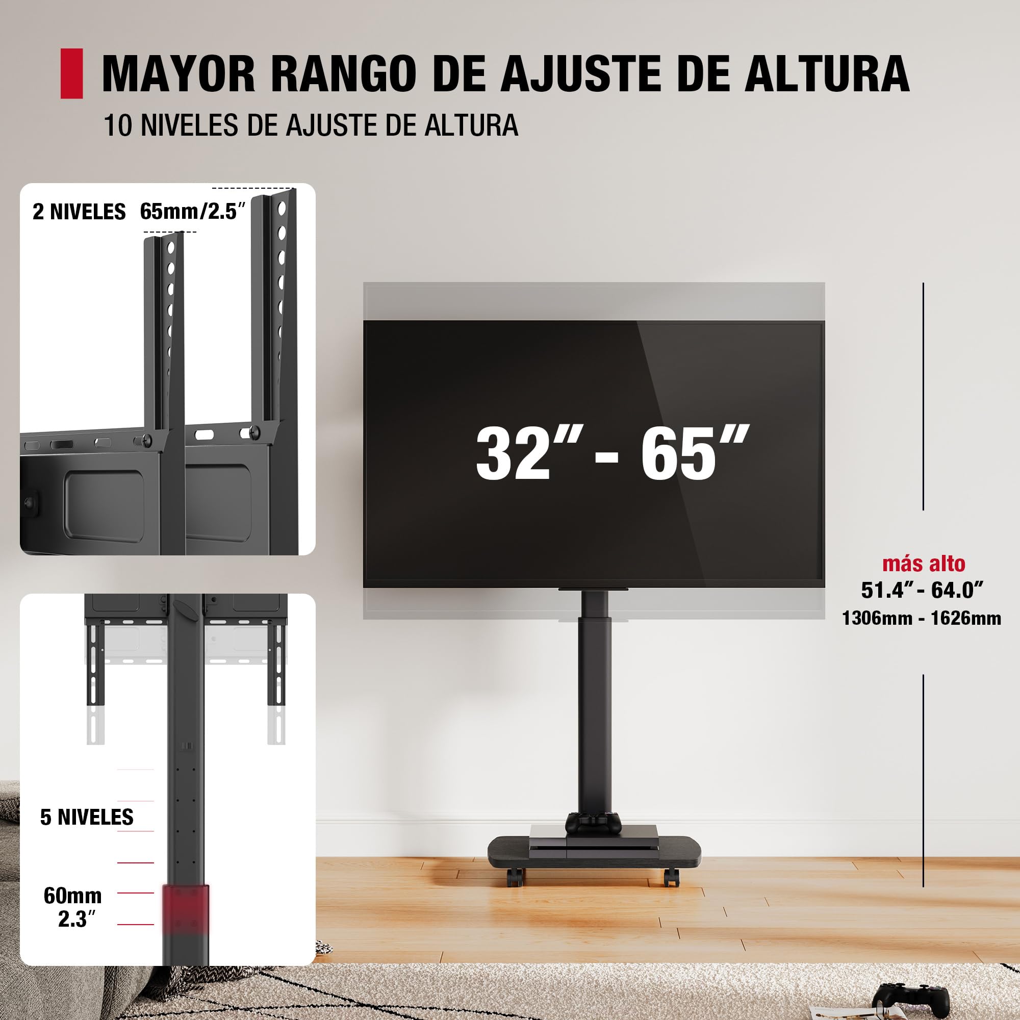 AOKCOS Soporte de TV enrollable con estante de madera, soporte de televisión con ruedas para televisores planos y curvos de hasta 35 kg, giratorio 90°, altura ajustable, máx. VESA 400 x 400 mm (negro)