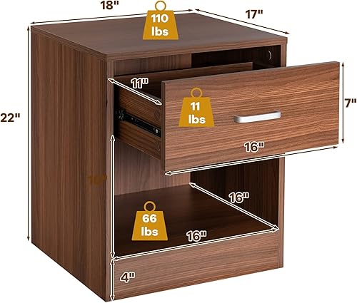 Miniatura 3 de Giantex Mesita de noche de nogal, mesita de noche de granja con cajón y armario de almacenamiento abierto, mesita de noche de madera, mesa auxiliar