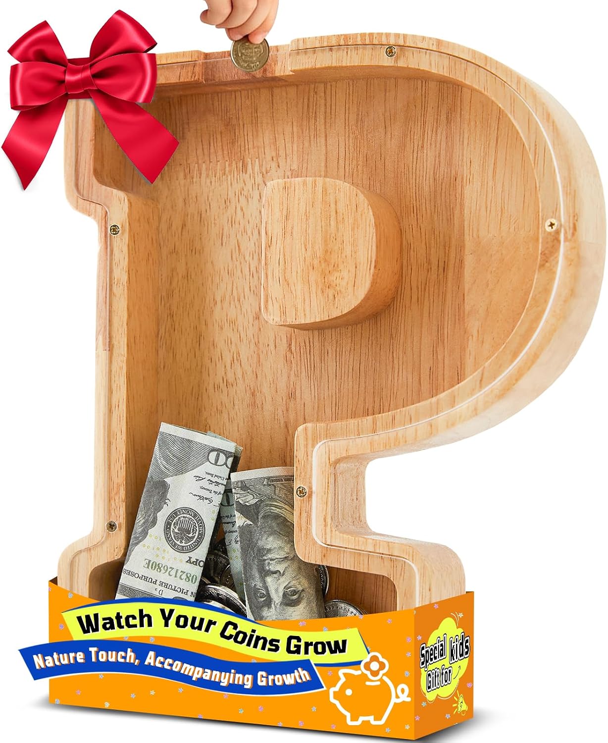 Wooden Initial Piggy Bank - Large Solid Wood Money Box for Kids - Personalized Letter Money Bank, Unique Educational Gift Decor for Baby Shower, Birthday & Nursery (P)