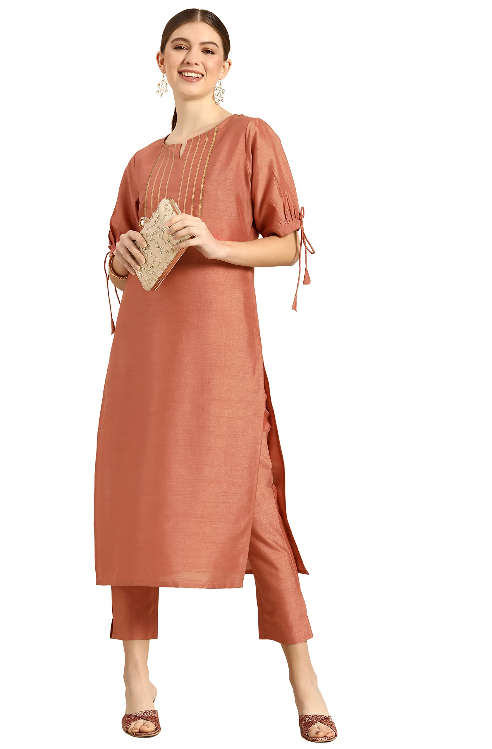 janasya Women's Peach Poly Silk Embellished Kurta with Pant-picture-23