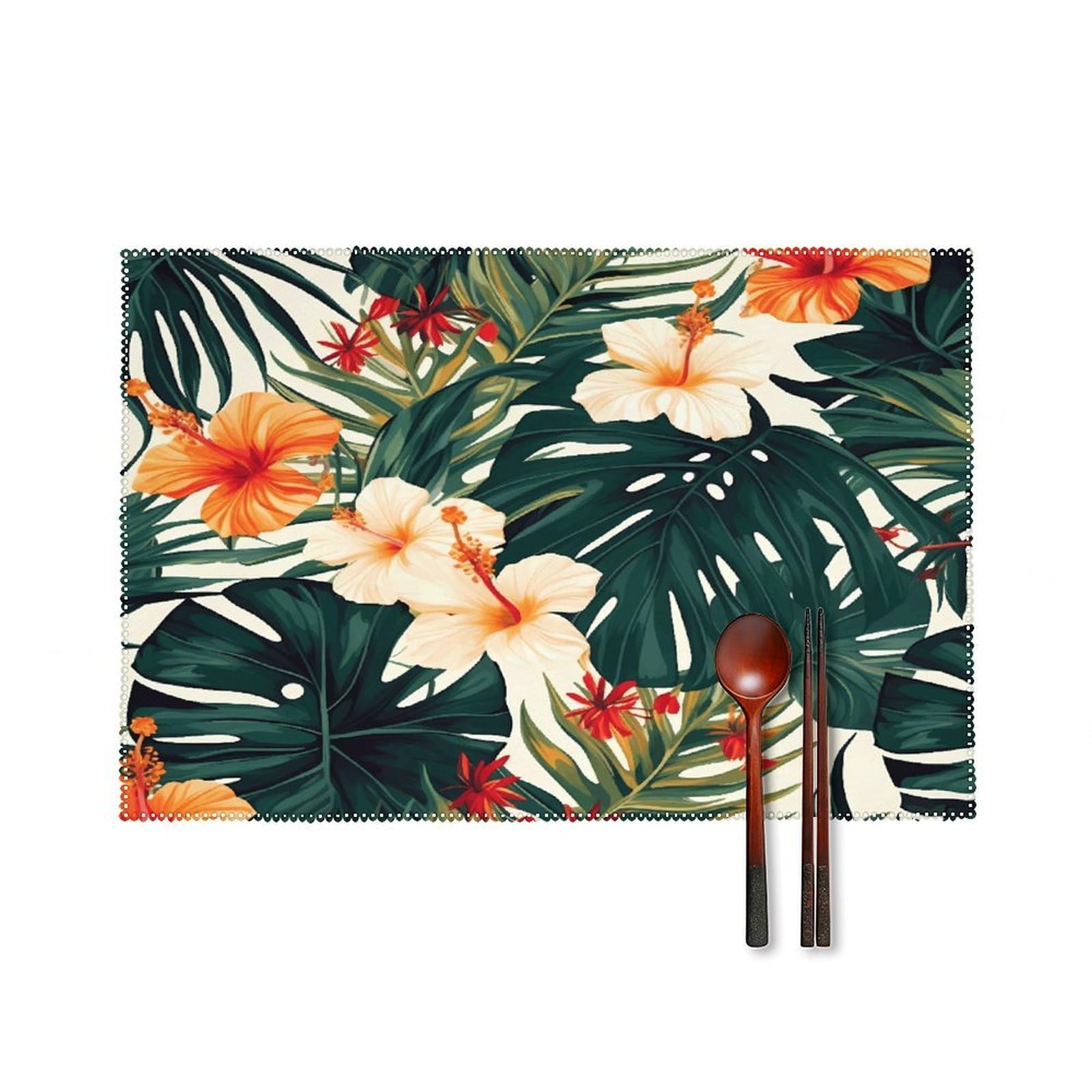 Tropical Summer Hawaiian Flower Palm Leaves Placemats Set of 4 Non-Slip Heat Resistant Table Mats Canvas Washable Cloth Place Mats Easy to Clean Premium Placemat for Kitchen Dining Table Decoration