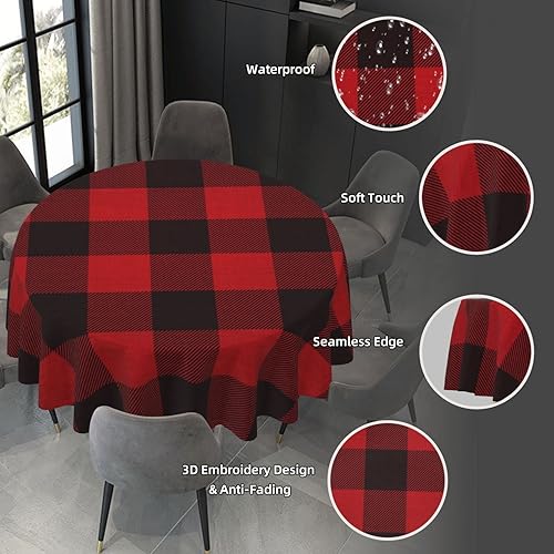 Vista 3 de Mantel redondo de tela para decoración de mesa redonda de 60 pulgadas para decoración de mesa redonda de 20 a 47 pulgadas, diseño de cuadros rojos