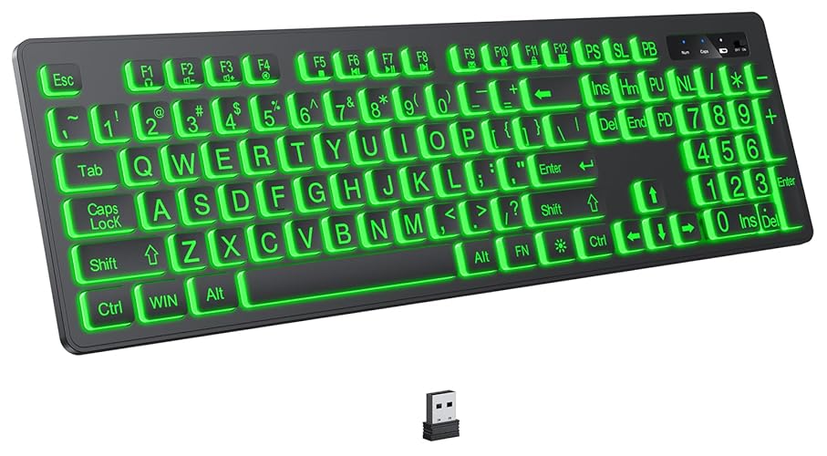 KOPJIPPOM Large Print Backlit Wireless Keyboard, 2.4G Silent Wireless Light Up Keyboard, Full Size Computer Keyboards with 7 Colored Backlits, Rechargeable Keyboards for Windows, PC, Laptop