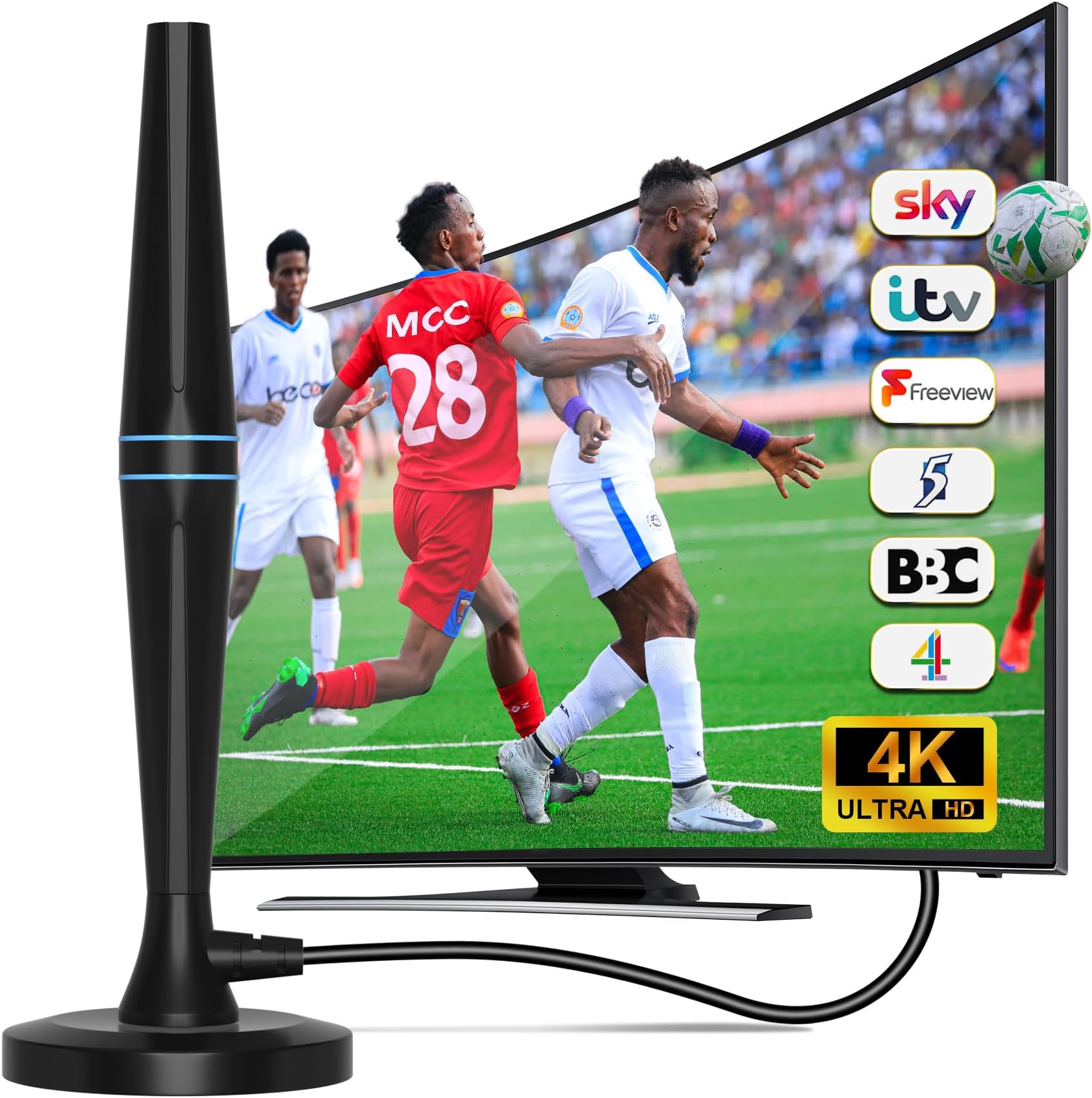 FADISH TV Aerial Indoor - TV Aerial 250+ Miles Range - Digital Freeview TV Aerial with Amplifier Signal Booster - TV Atenna Indoor Support VHF/UHF/DAB Radio/4K/1080P and All TV