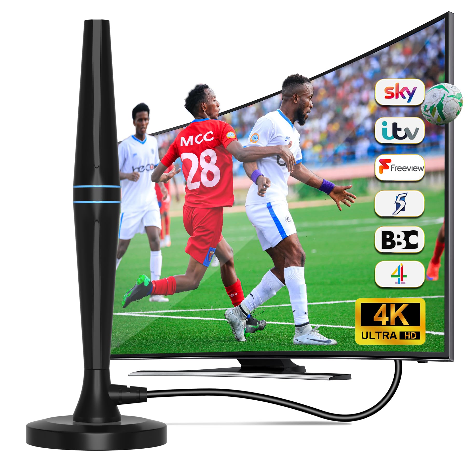 FADISH TV Aerial Indoor - TV Aerial 250+ Miles Range - Digital Freeview TV Aerial with Amplifier Signal Booster - TV Atenna Indoor Support VHF/UHF/DAB Radio/4K/1080P and All TV