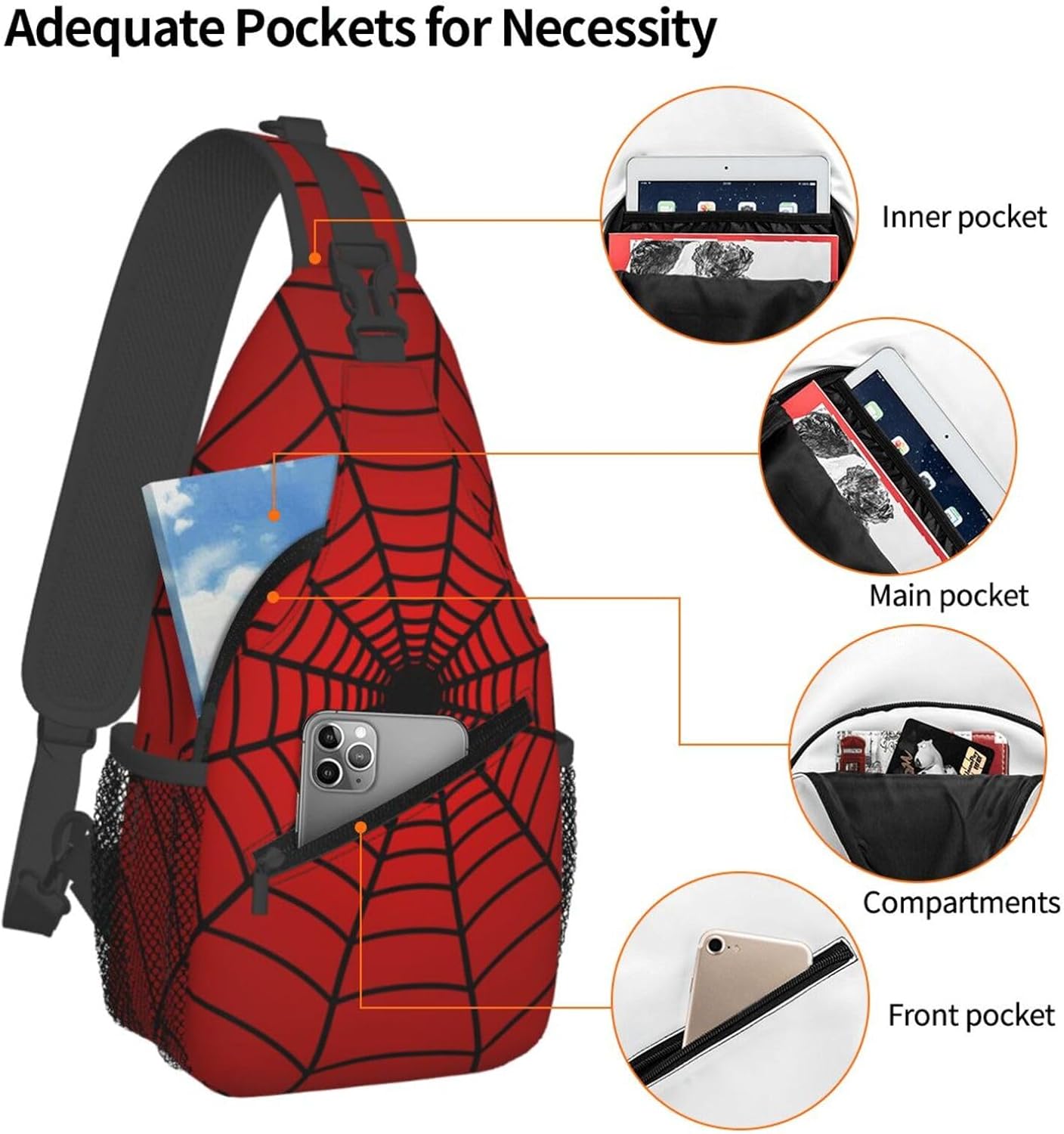 Red Spider Web Crossbody Sling Bags Spiderwebs Pattern on Bright Red Background Sling Backpack for Women Men Casual Shoulder Bag Abstract Cobweb Pattern Travel Gym Sports Hiking Daypack - Image 3