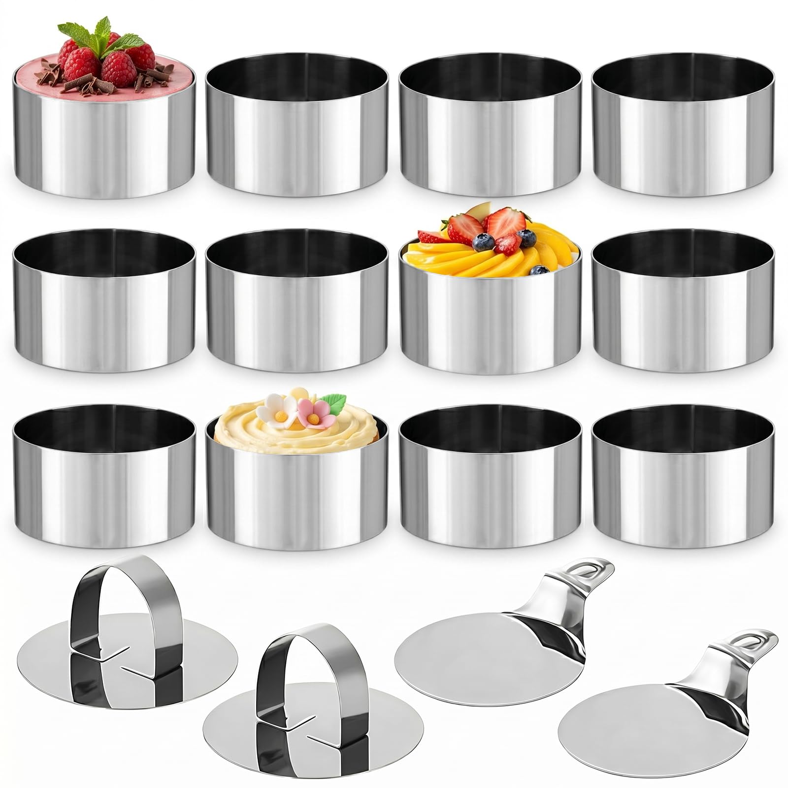 Cake Rings Set, 12 Pcs Stainless Steel Cooking Rings Mousse Ring Set with 2 Food Press 2 Spatula Baking Rings for Crumpets Mousse Pastry Desserts Oven & Dishwasher Safe
