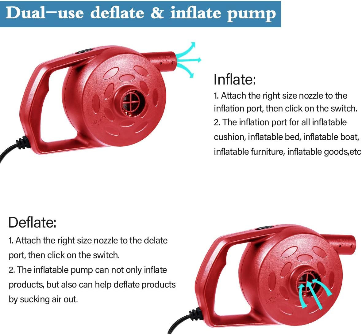 chamvis Electric Air Pump High Power Quick-Fill Air Mattress Pump AC 120V 1.2PSI 600L/min Inflator Deflator for Inflatables Raft Bed Boat Pool Toy Exercise Ball Balloons with Nozzles(Red)
