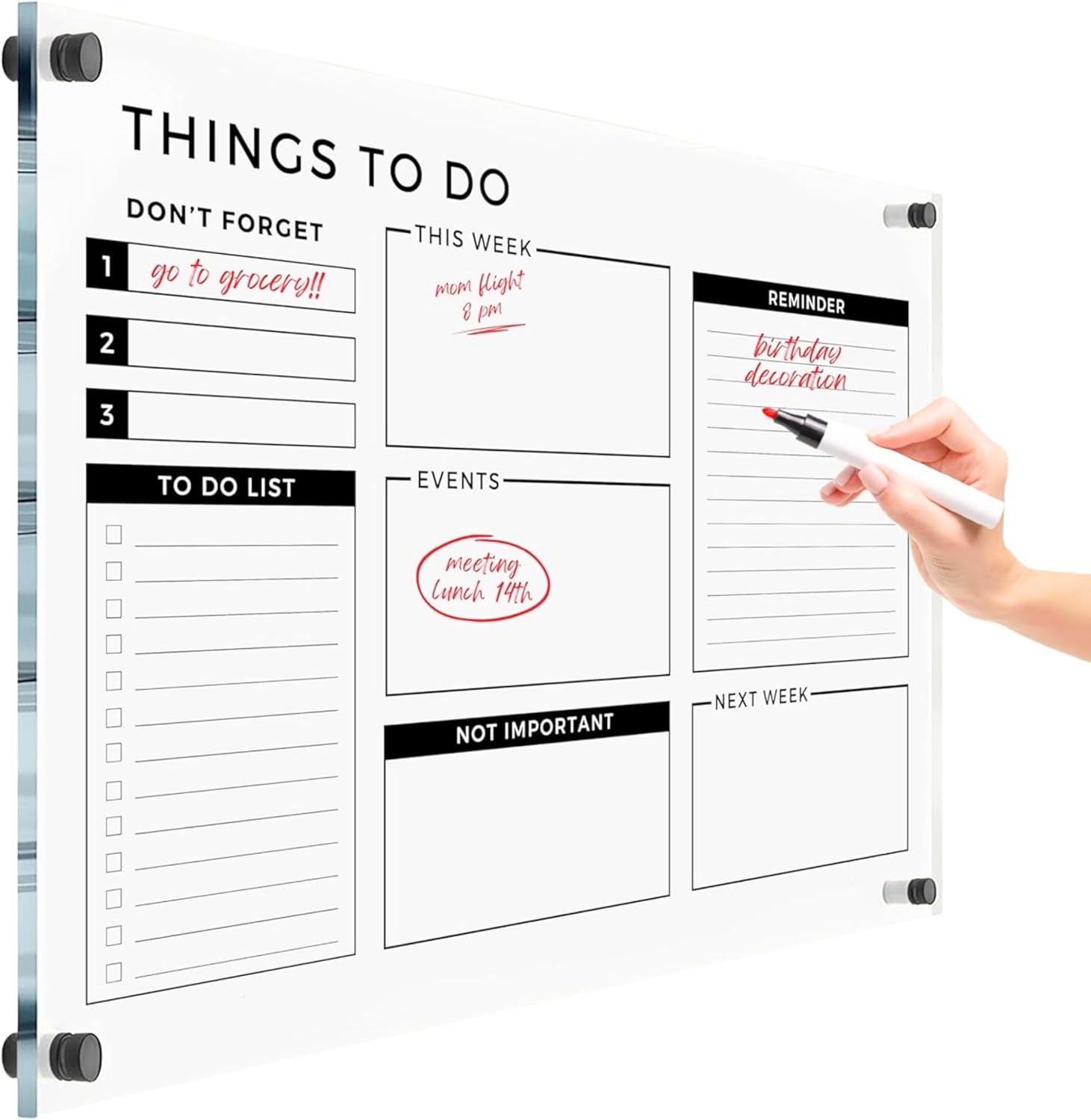 Acrylic Premium Wall Planner - Large Glass Calendar for Wall - to Do List Reminder - Large Dry Erase Board - Reusable Board for Office and Home - Dry Erase Board (Black Standoff, 18"x14" (Small))