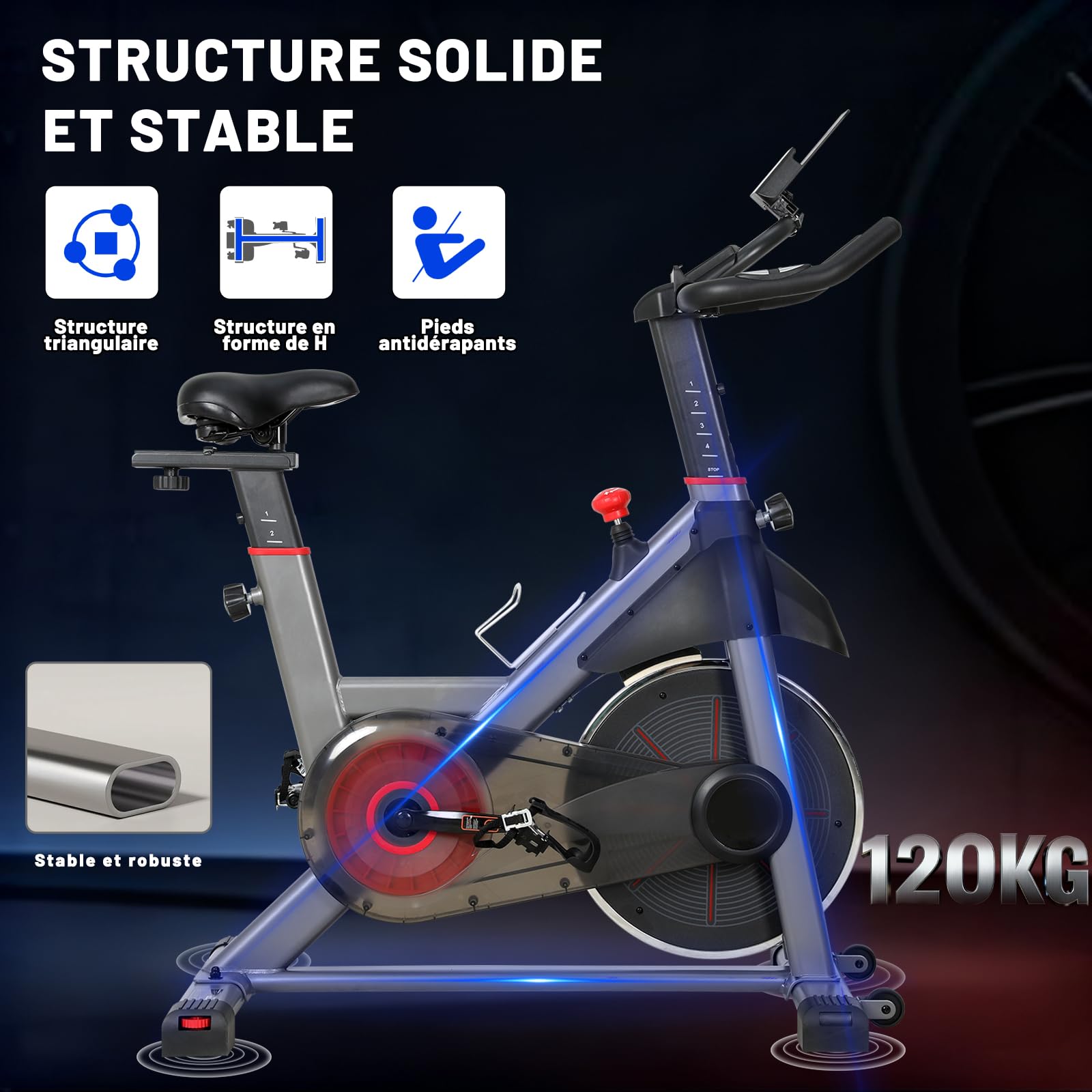 Vélo d'Appartement avec Résistance Ajustable et Silencieuse, Volant d'Inertie 8KG, Vélo d Appartement d'Entraînement Professionnel Écran LED, Impulsion, Velo Appartement avec Selle Réglable