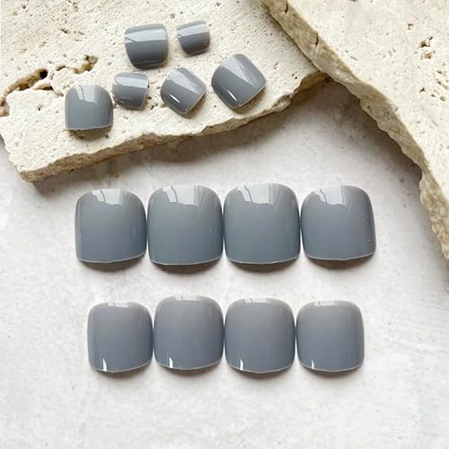 Miniatura 4 de Uñas postizas cuadradas de color gris, uñas postizas a presión, acrílicas brillantes, cobertura completa, color sólido, con pegamento, lindas uñas