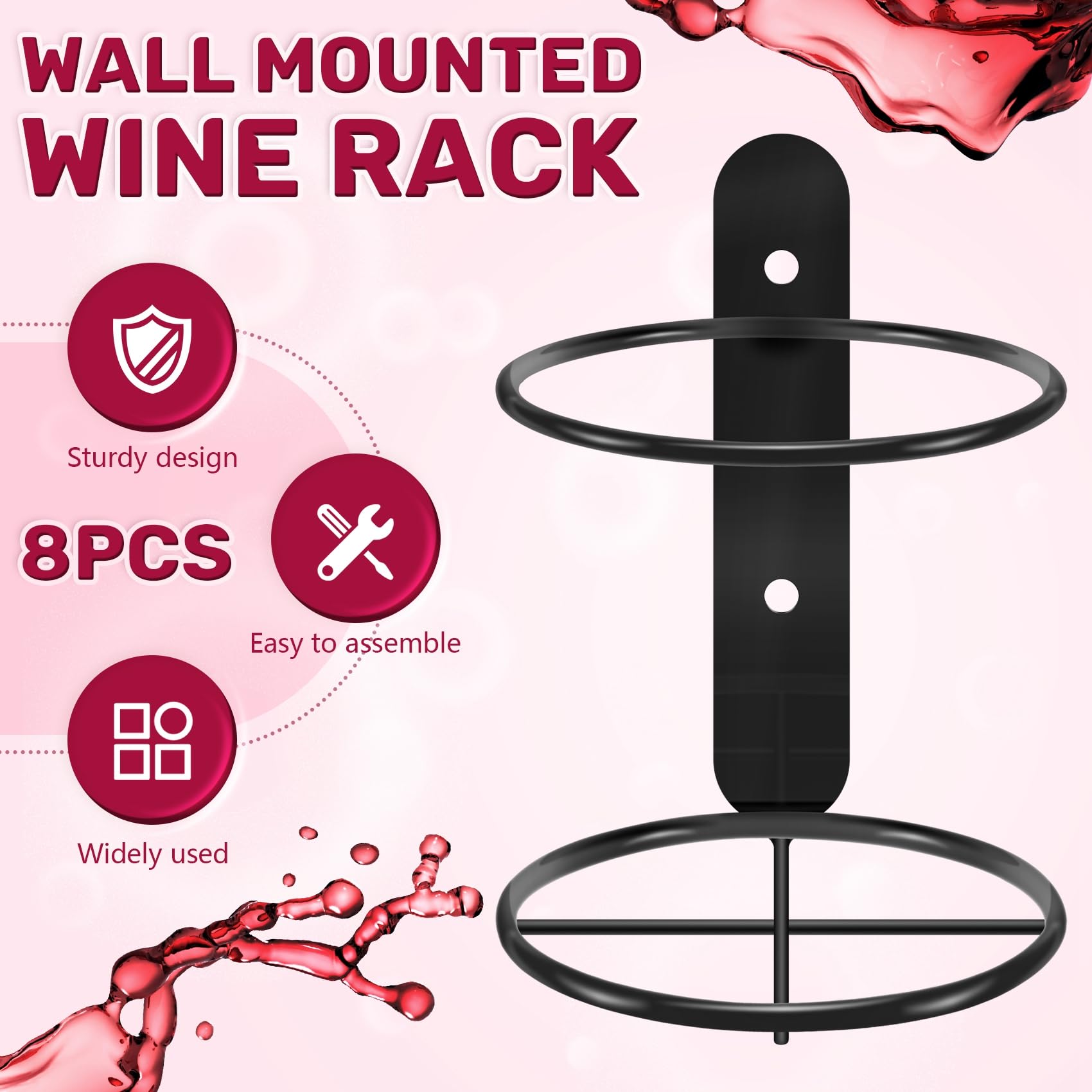 8 PCS Wand Montiert Weinregal, Einzelnes Weinregal, Metall-Wandhalter für Rotweinflaschen mit Schrauben (Schwarz)