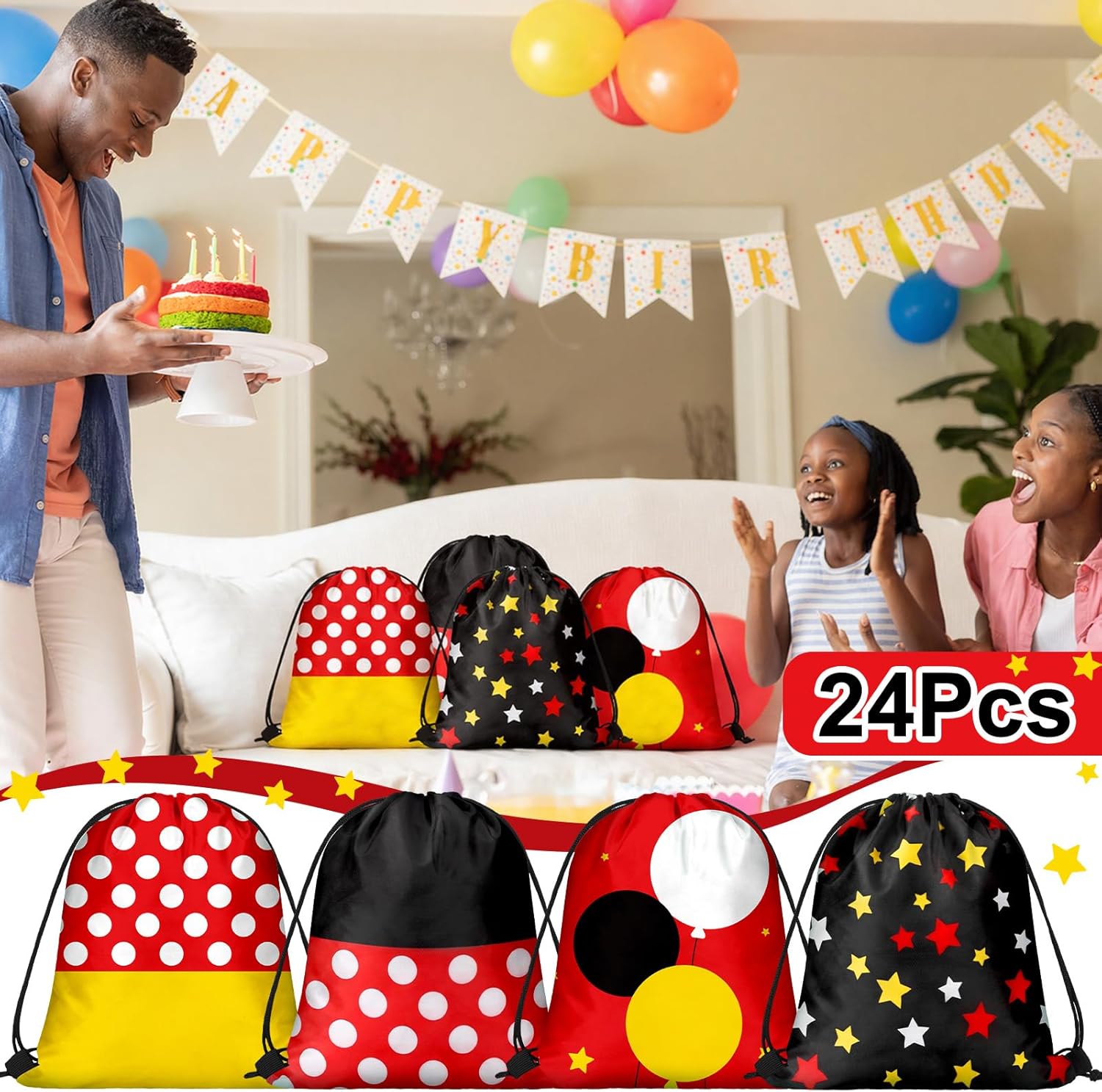 Aliceset 24 Pcs Cute Mouse Party Favor Bags 9.8'' Drawstring Gift Goodie Treat Bag Cartoon Birthday Candy Bags Present Double Sided Printed Gift Bag for Mouse Theme Birthday Baby Shower Party