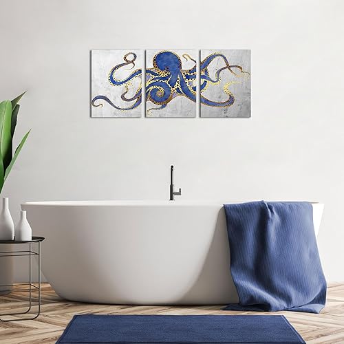 Miniatura 3 de 3 piezas de arte de pared de pulpo, color azul marino, estampado de animales marinos sobre lienzo, póster de vida oceánica para baño, dormitorio,