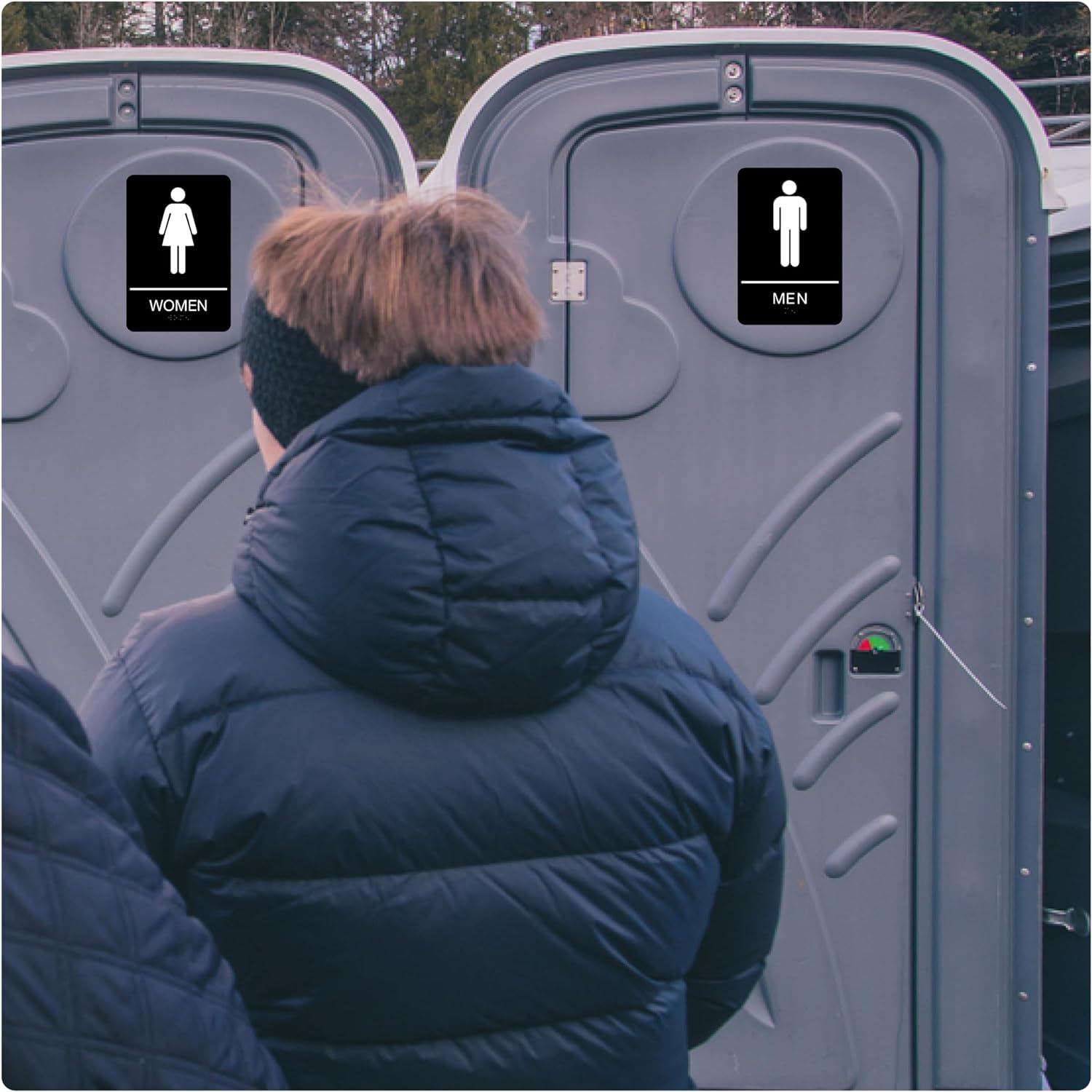 ADA Braille - Letrero de baño para hombres y mujeres para negocios, 9 x 6 pulgadas, paquete de 4, letrero de baño de plástico ABS con cinta fuerte de doble cara para oficinas y restaurantes