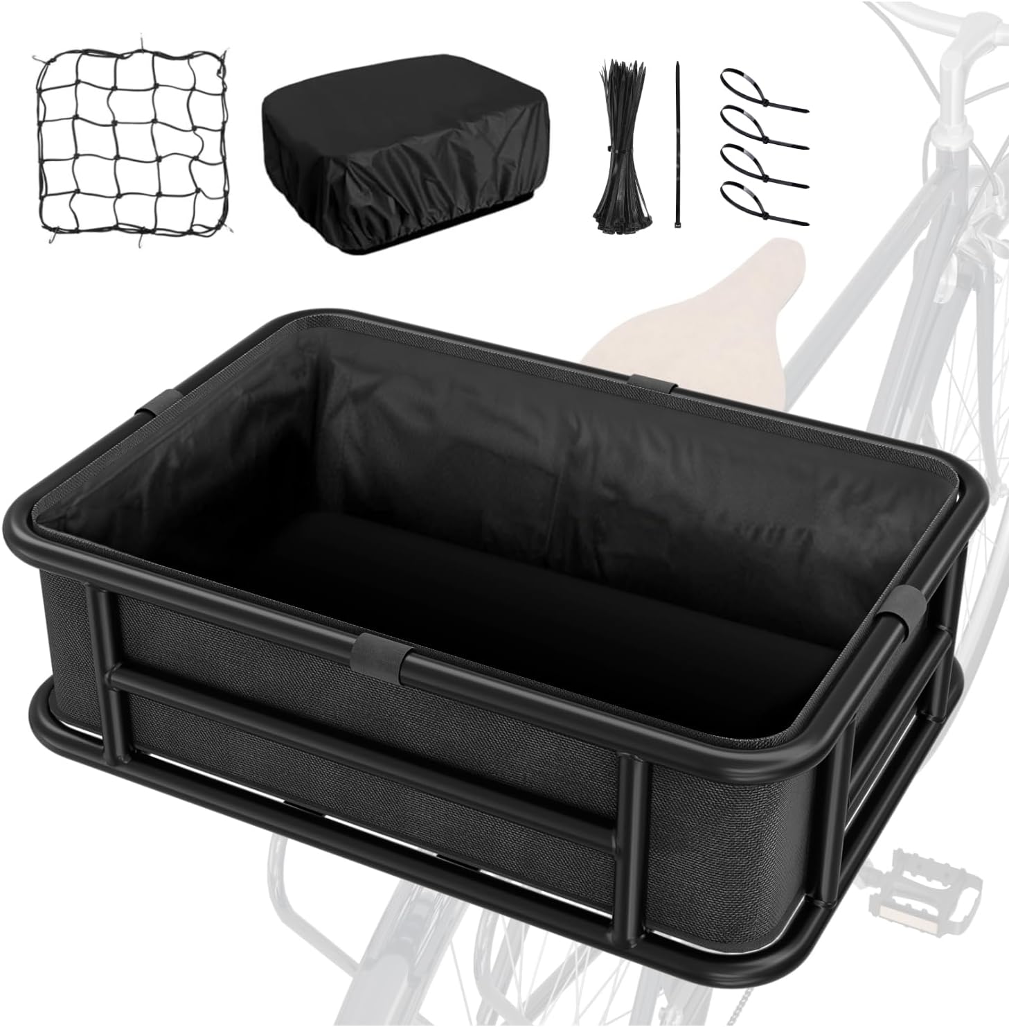 Rear Bike Basket with Liner & Elastic net & Rain Cover, Large Rear Bike Rack Basket for Bike, Bicycle Ebike and Cargo Bike Basket Rear, Heavy Duty Metal Rear Basket for Electric Bike 18.2" * 13" * 6"