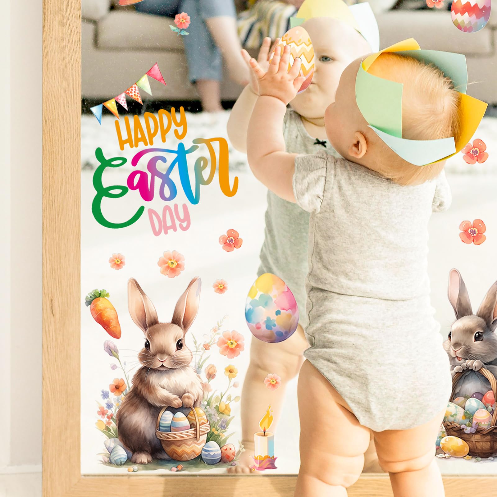 Happy Easter Bunny Rabbit Window Clings, Decoraciones de Pascua Pegatinas de Ventana Impresión de Doble Cara Juego de Caza de Huevos, Película Electrostática para Ventana de Pascua Adhesivos