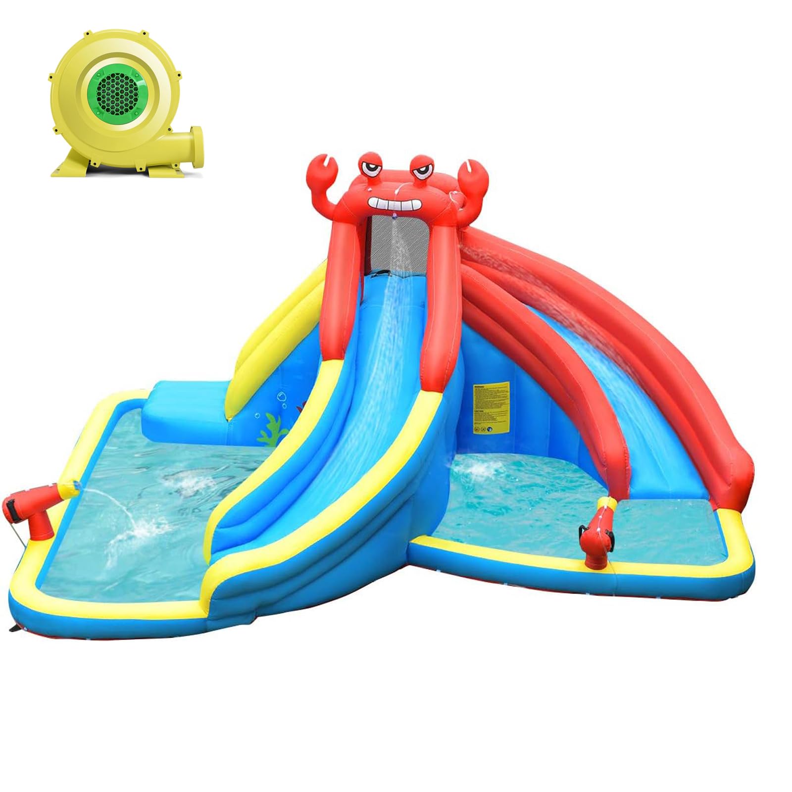 COSTWAY Tobogán Acuático Hinchable, Casa Inflable con Forma de Cangrejo con Pared para Escalar, Piscina e Hidrante, Bolsa de Transporte, Kit de Reparación, Manguera (con Soplador de 480 W)