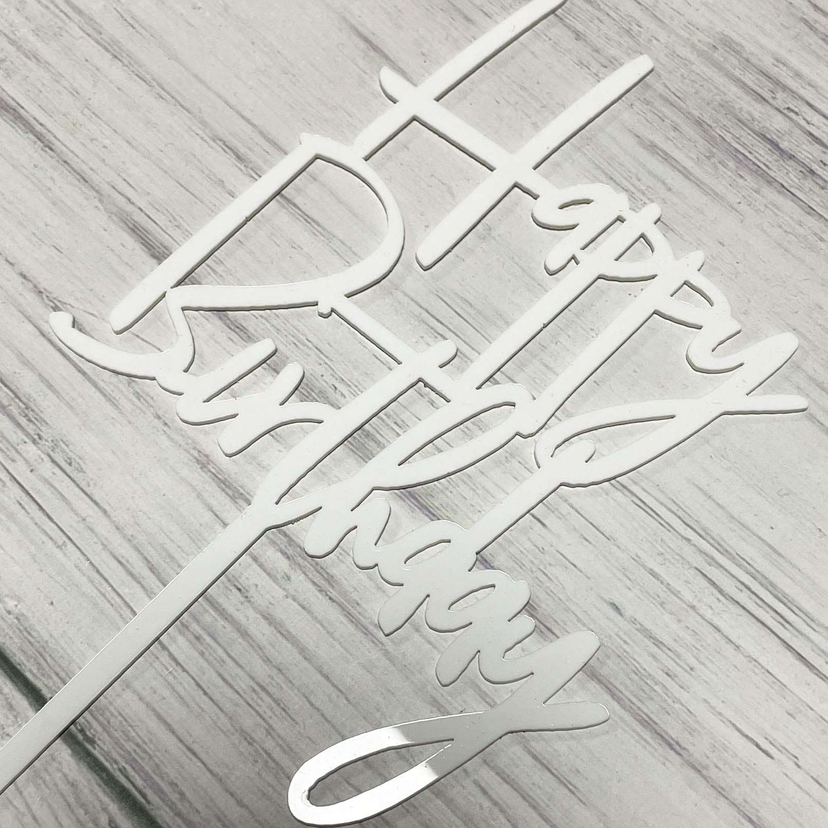 Happy Birthday Cake Topper - Mirror Silver Acrylic, 4" X 5.7"